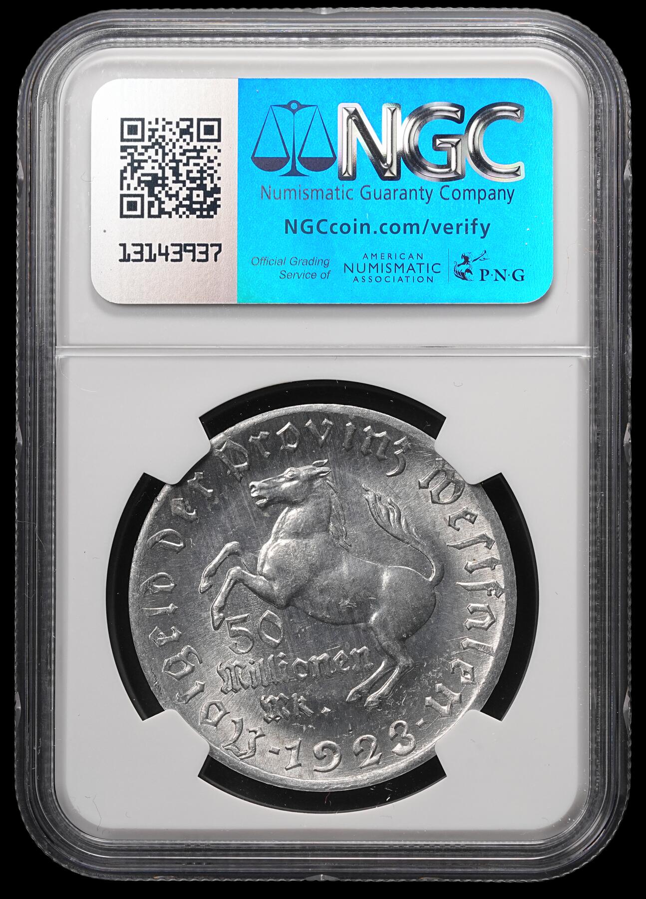 修遠堂世界钱币第四十九期 全场包邮 NGC MS64 1923年德国紧急时期威斯特法伦5000万马克大马币铝制 小型