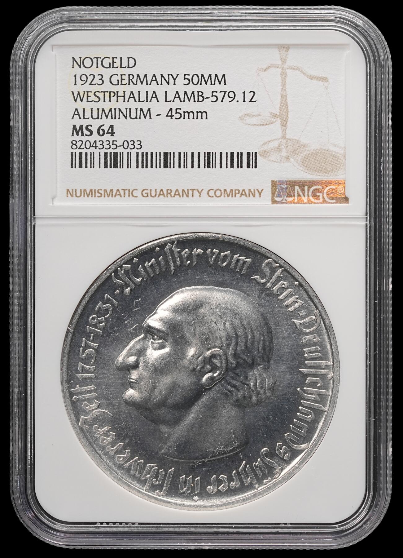 修遠堂世界钱币第四十九期 全场包邮 NGC MS64 1923年德国紧急时期威斯特法伦5000万马克大马币铝制 大型