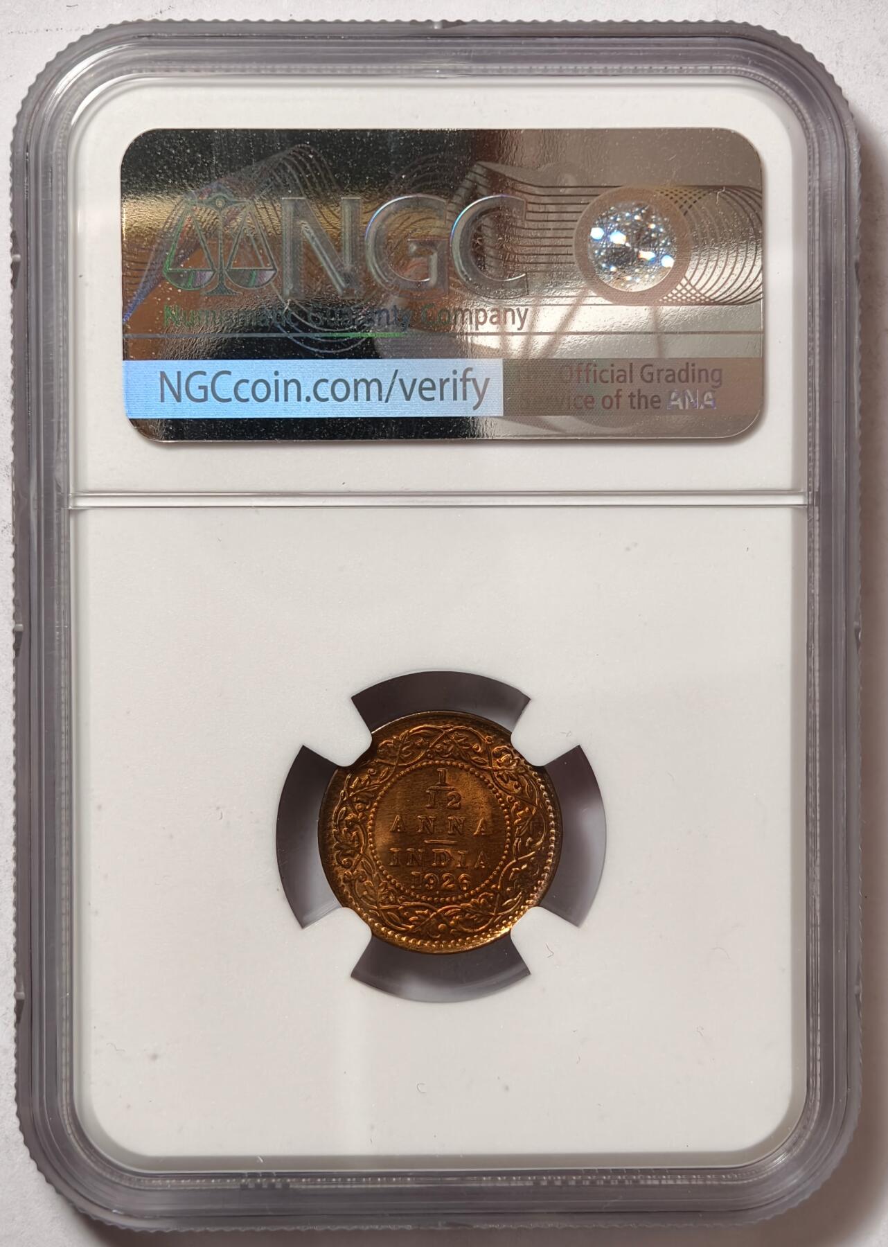 紫瑗钱币——第466期 英属印度 1926年 B版 乔治五世 1/12安娜 铜币 NGC M65RB