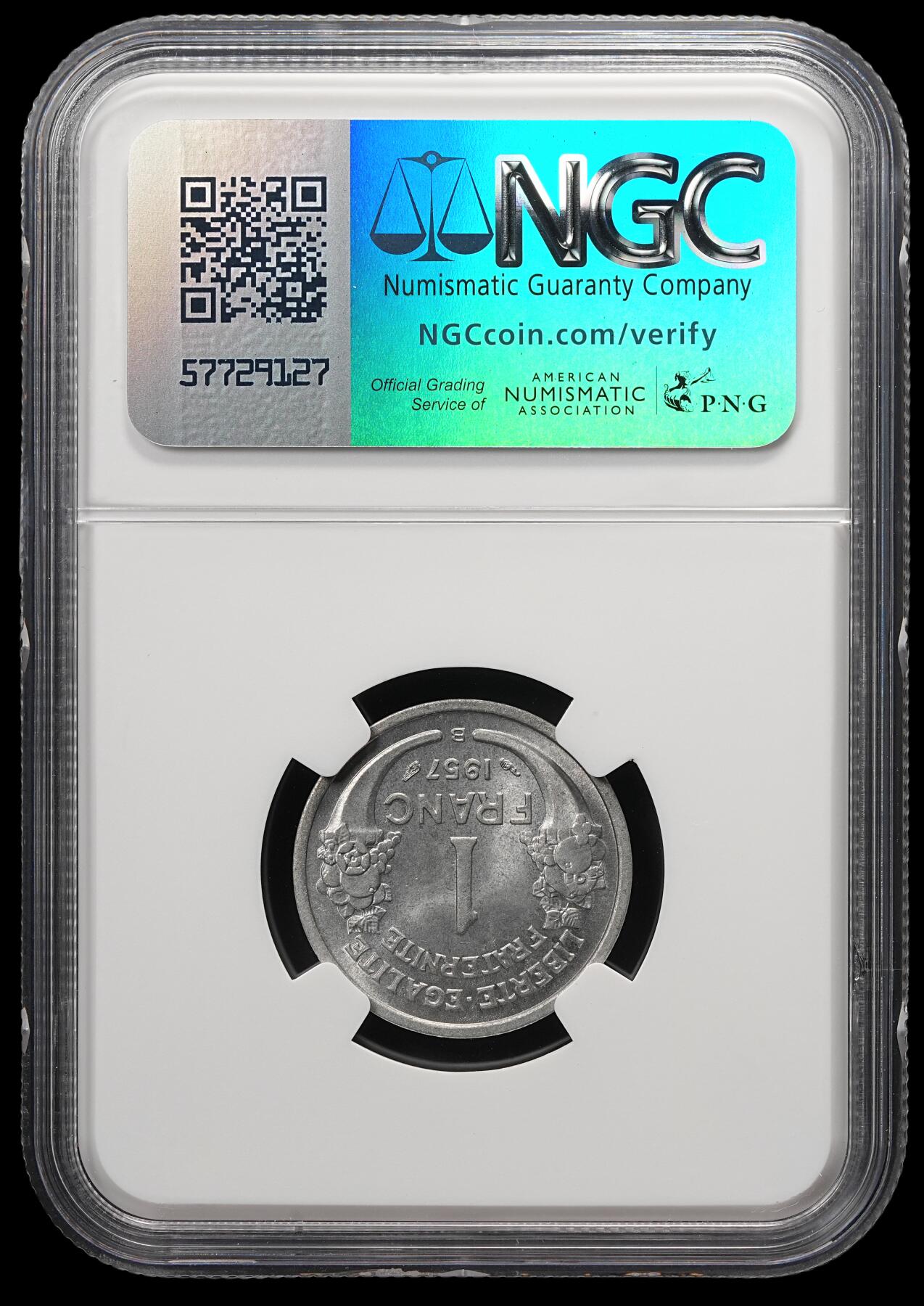 修遠堂世界钱币第四十九期 全场包邮 NGC MS65 1957年法国1法郎铝币 B厂铭