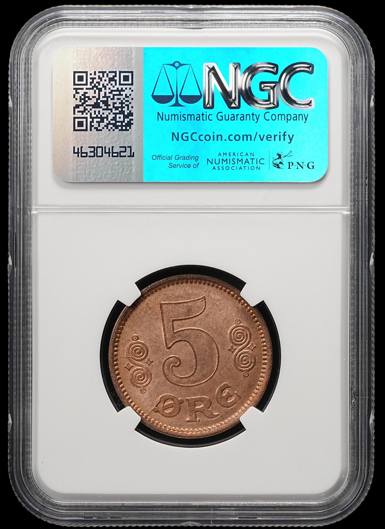 修遠堂世界钱币第四十九期 全场包邮 NGC MS65RB 1916年丹麦5欧尔铜币 较少见年份 铸造量只有80多万枚