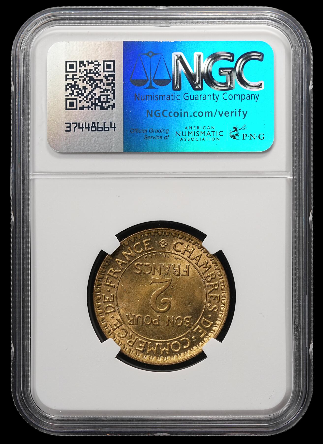 修遠堂世界钱币第四十九期 全场包邮 NGC MS65 1921年法国坐人2法郎铜币