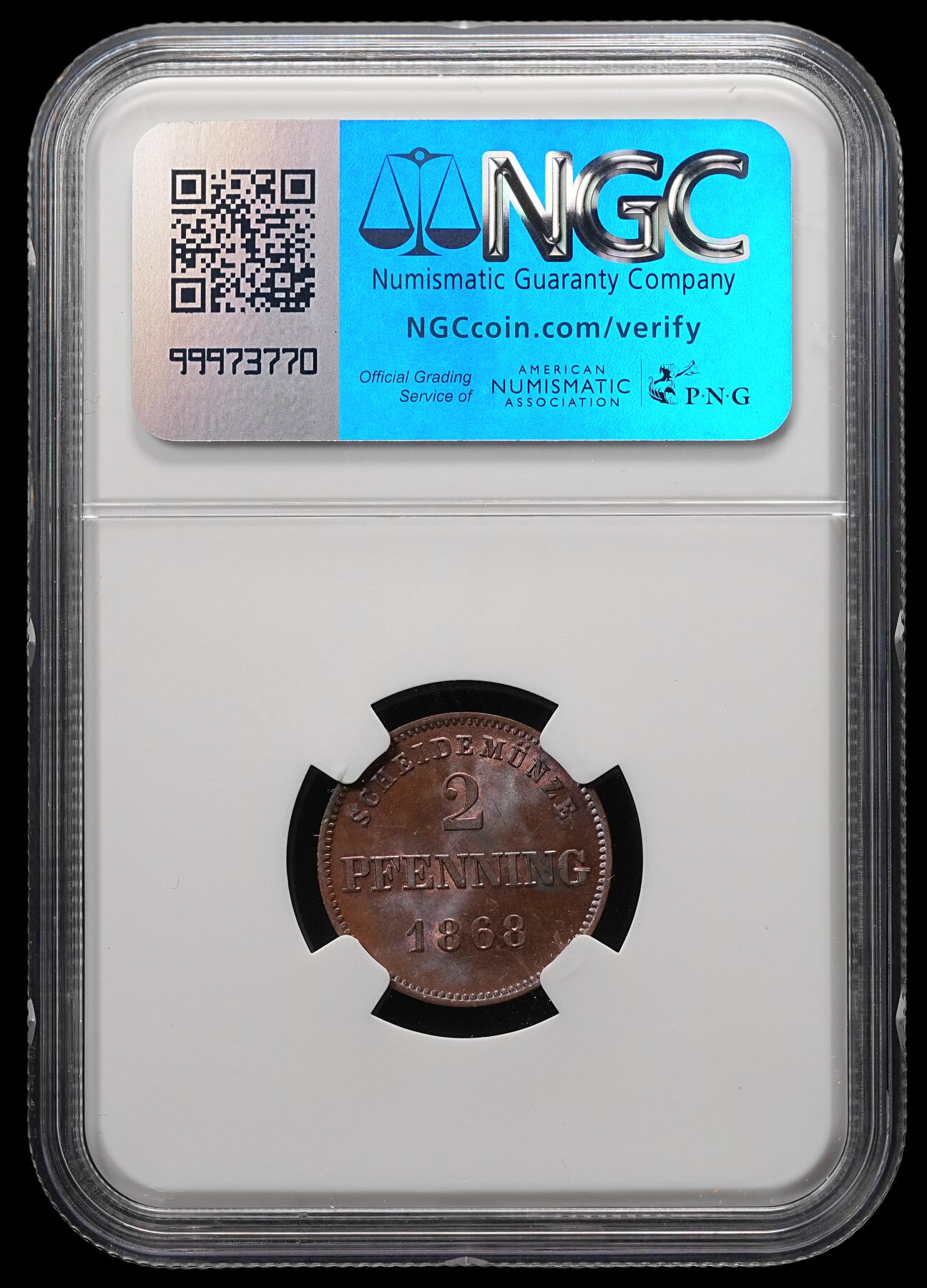 修遠堂世界钱币第四十九期 全场包邮 NGC MS63BN 1868年巴伐利亚2芬尼铜币