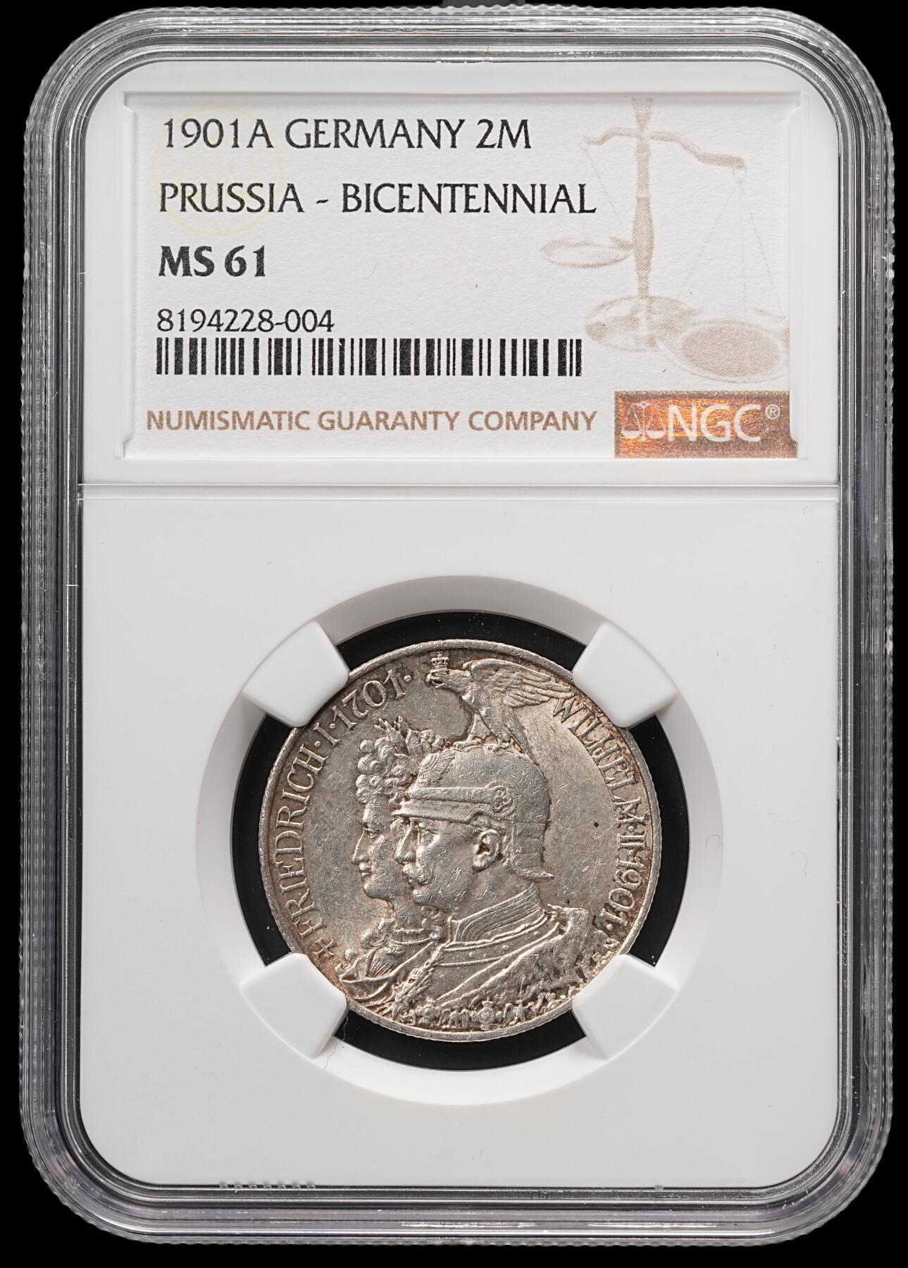修遠堂世界钱币第四十九期 全场包邮 NGC MS61 1901年普鲁士建国200周年2马克银币