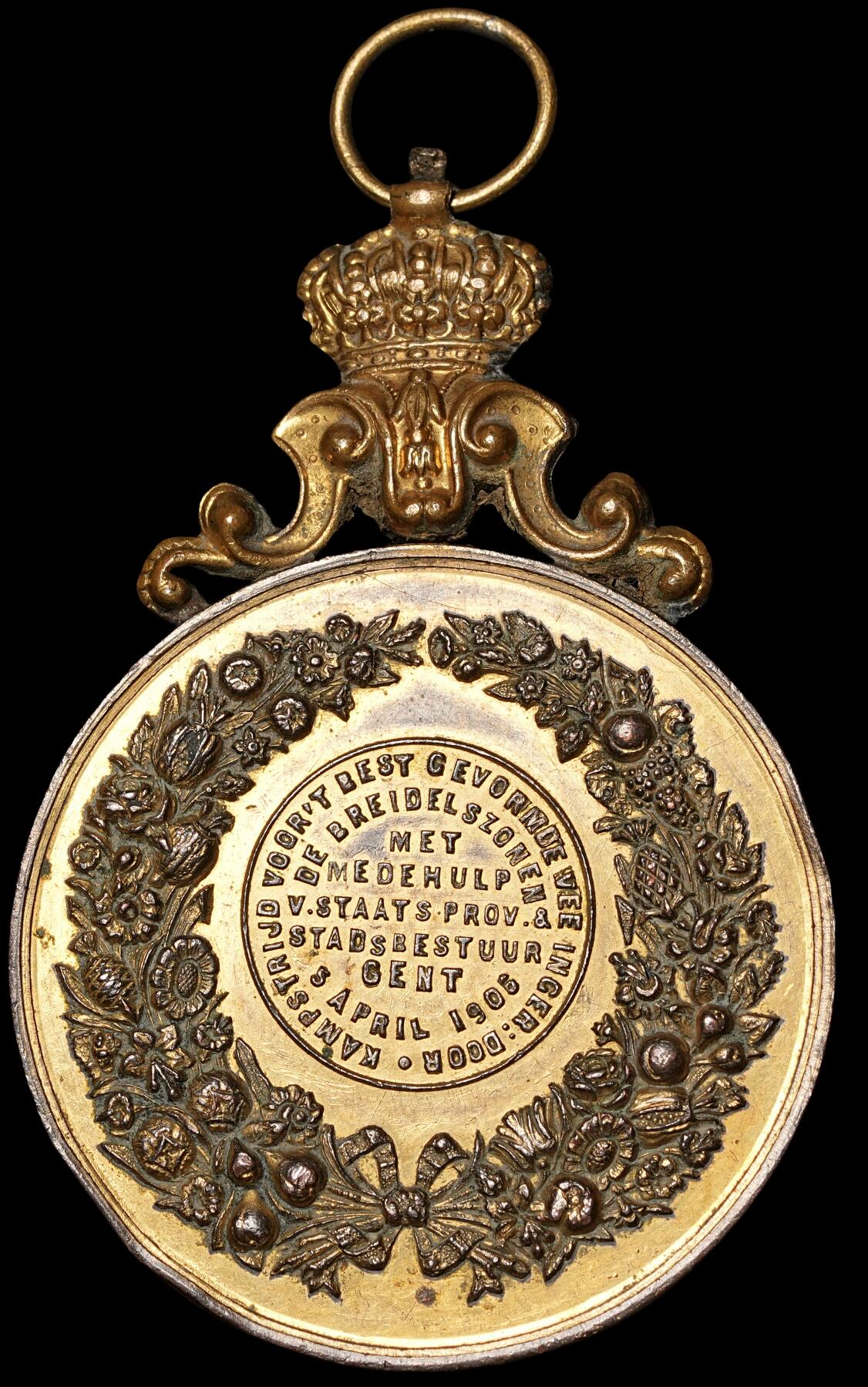 修遠堂世界钱币第四十九期 全场包邮 1906年（DATED）比利时鎏金大铜章 51mm，54g