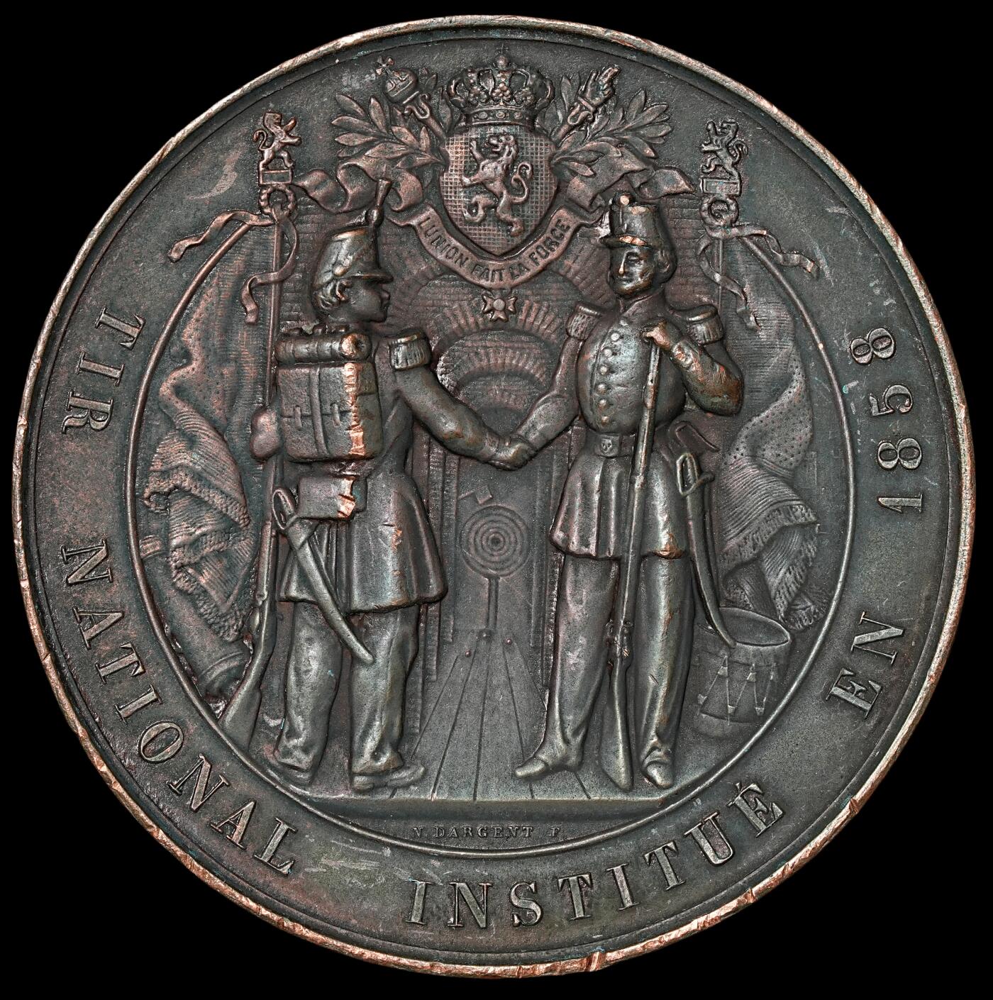 修遠堂世界钱币第四十九期 全场包邮 1858年（DATED）比利时军事研究院高浮雕大铜章 51mm，44g