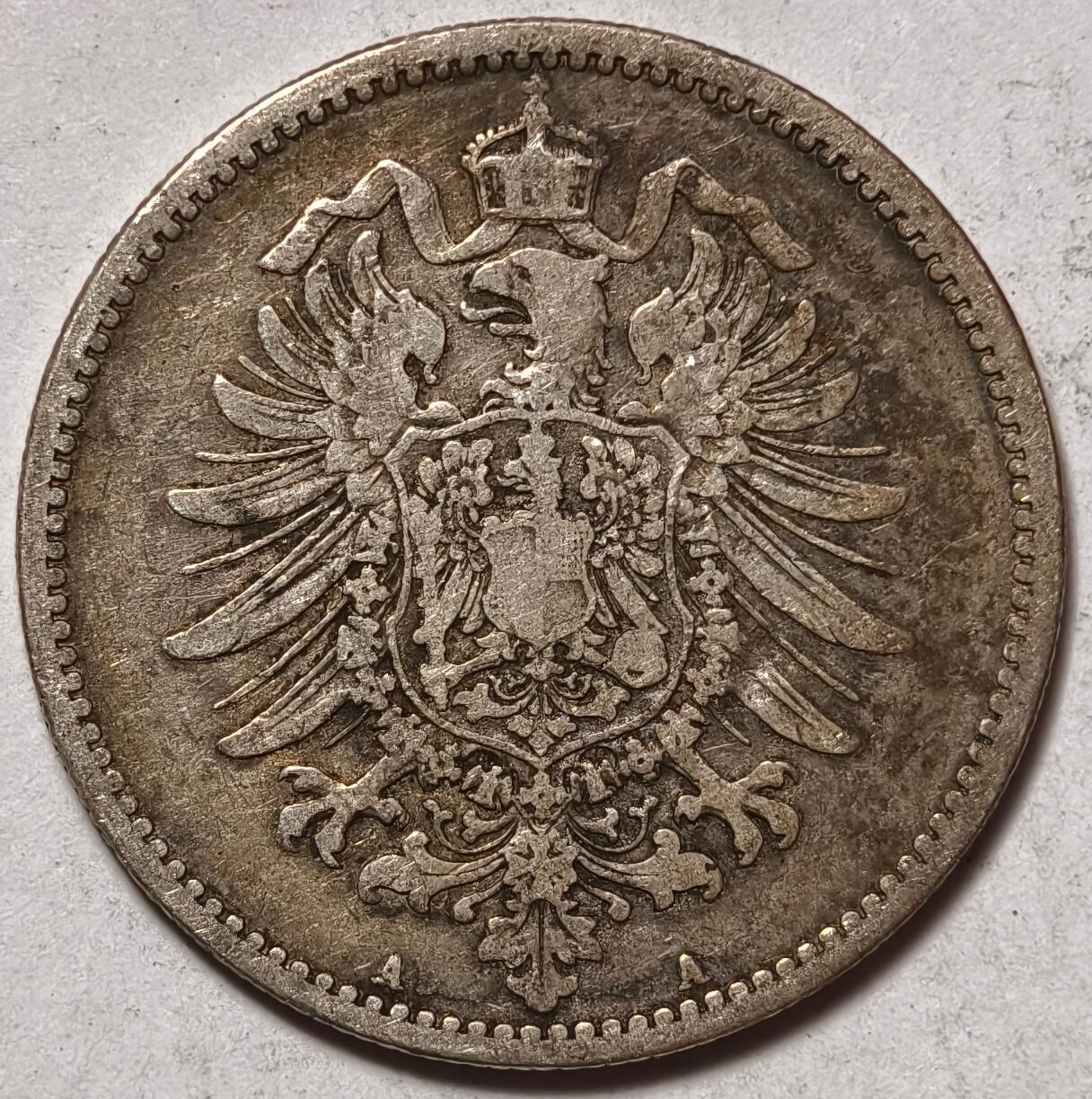 紫瑗钱币——第468期 德国 1885年 A版 第二帝国 短翅 1马克 5.5克 0.9银