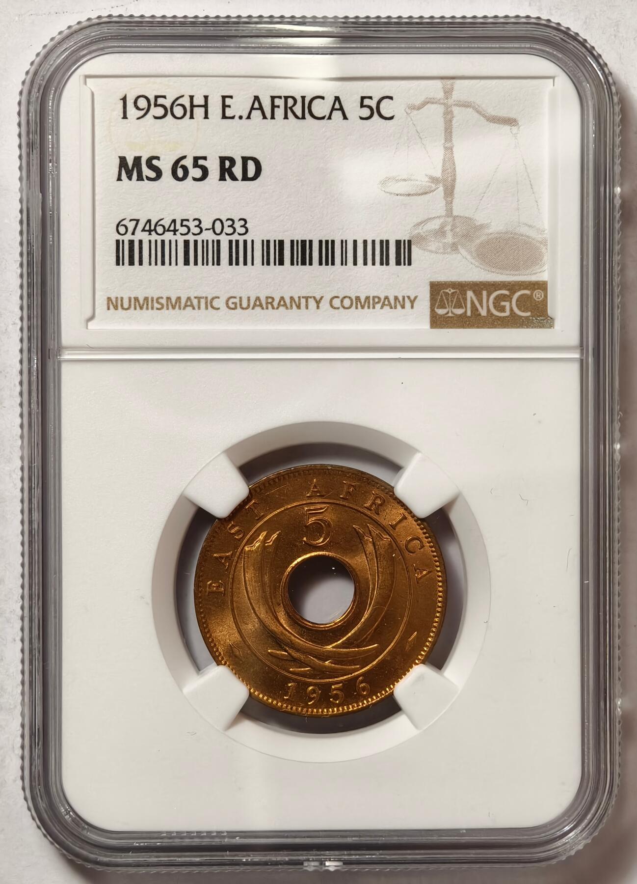紫瑗钱币——第466期 英属东非 1956年 H版 伊丽莎白二世 5分 红铜币 NGC MS65 RD 