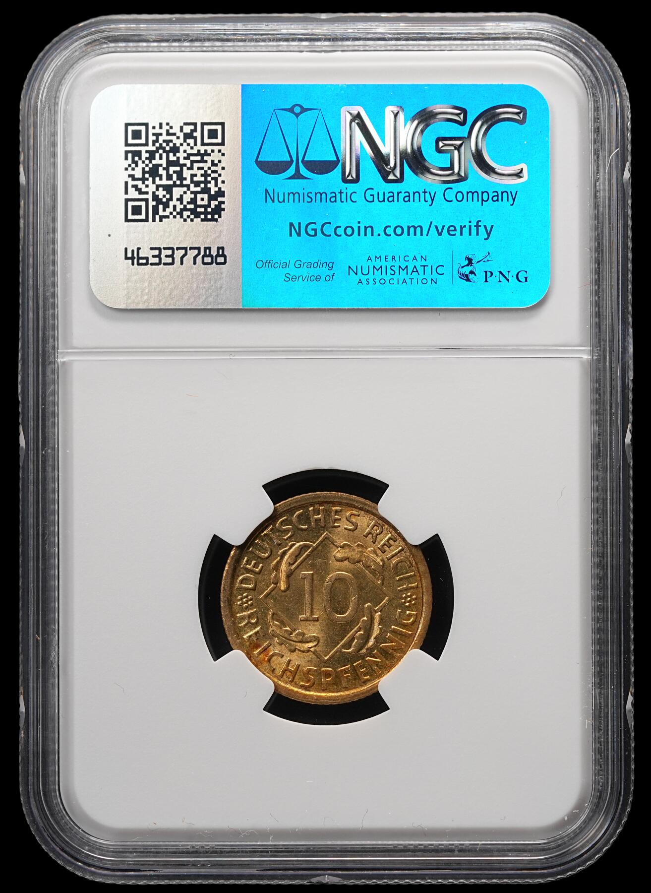 修遠堂世界钱币第四十九期 全场包邮 NGC MS65 1929年德国魏玛政府10芬尼 A厂铭