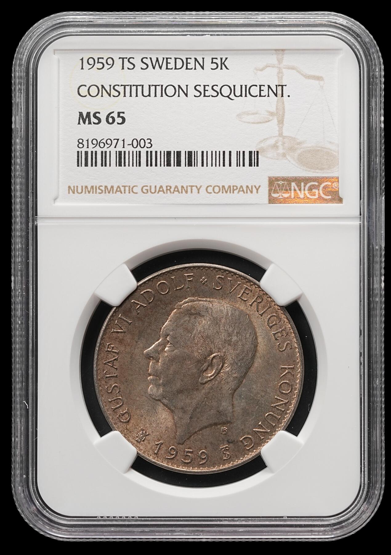 修遠堂世界钱币第四十九期 全场包邮 NGC MS65 1959年瑞典宪法150周年纪念5克朗银币