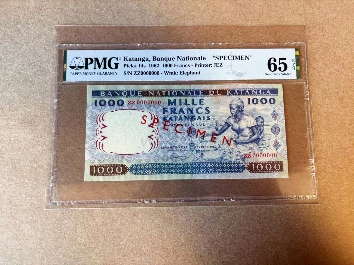 【Blue Auction】✨世界纸币精拍第588期【精】 加丹加 1962年1000法郎 PMG65EPQ 绝品样钞 少见品种