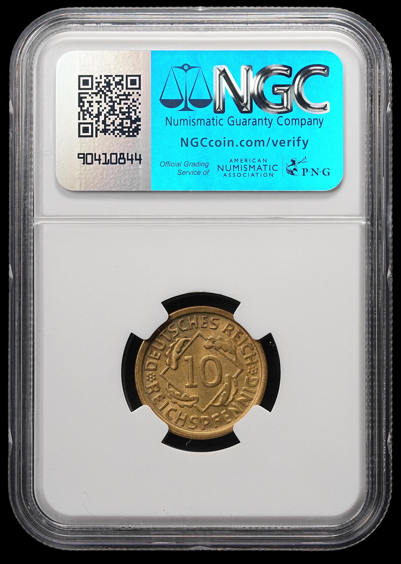 修遠堂世界钱币第四十九期 全场包邮 NGC MS65 1925年德国魏玛政府10芬尼 D厂铭