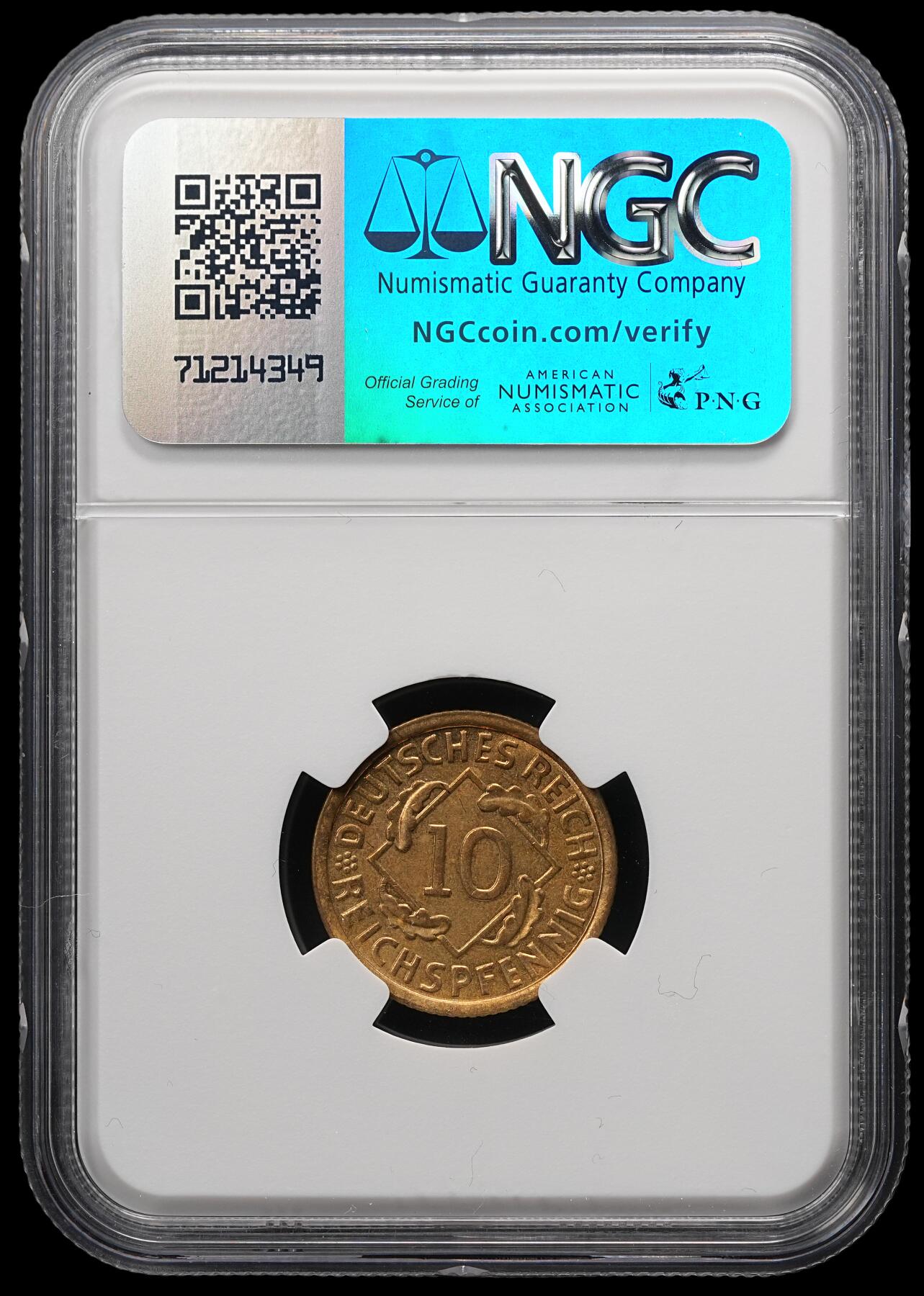 修遠堂世界钱币第四十九期 全场包邮 NGC MS64 1930年德国魏玛政府10芬尼 A厂铭