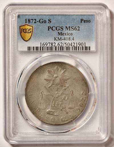 紫瑗钱币——第539期 - 墨西哥 1872年 GO S  天平鹰洋 1比索 银币 NGC MS62