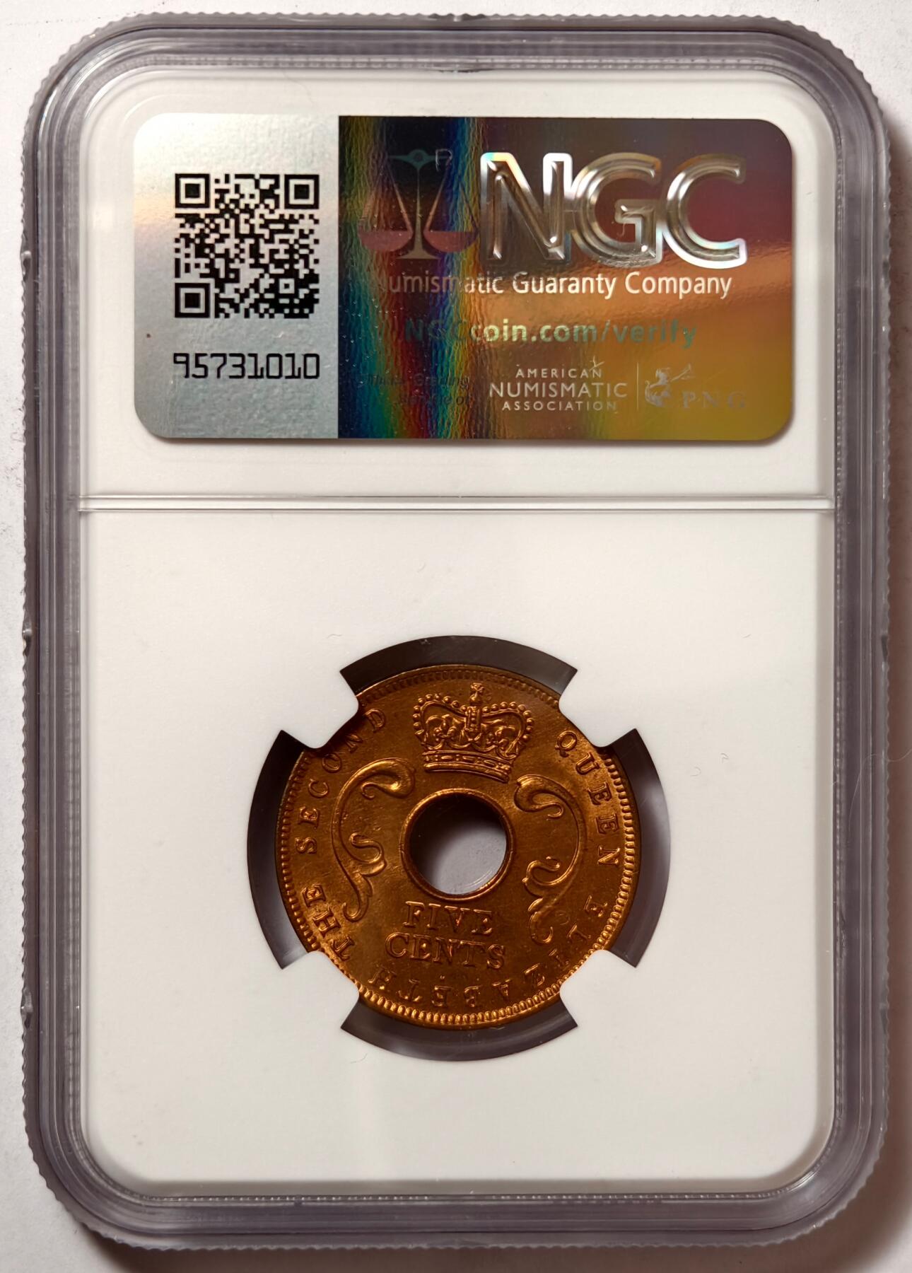 紫瑗钱币——第466期 英属东非 1956年 H版 伊丽莎白二世 5分 红铜币 NGC MS65 RD 