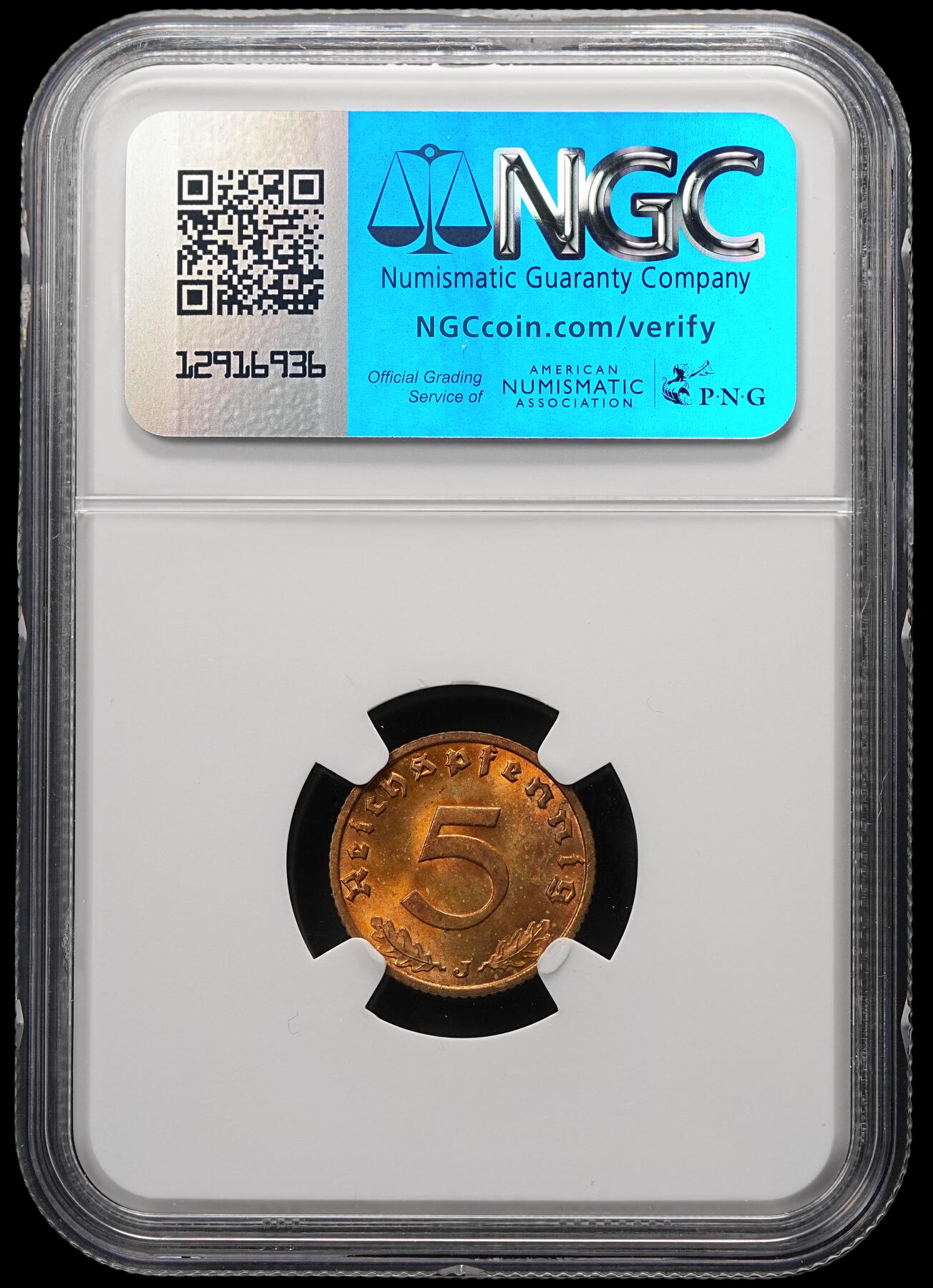 修遠堂世界钱币第四十九期 全场包邮 NGC MS64 1937年德三5芬尼铜币 J厂铭