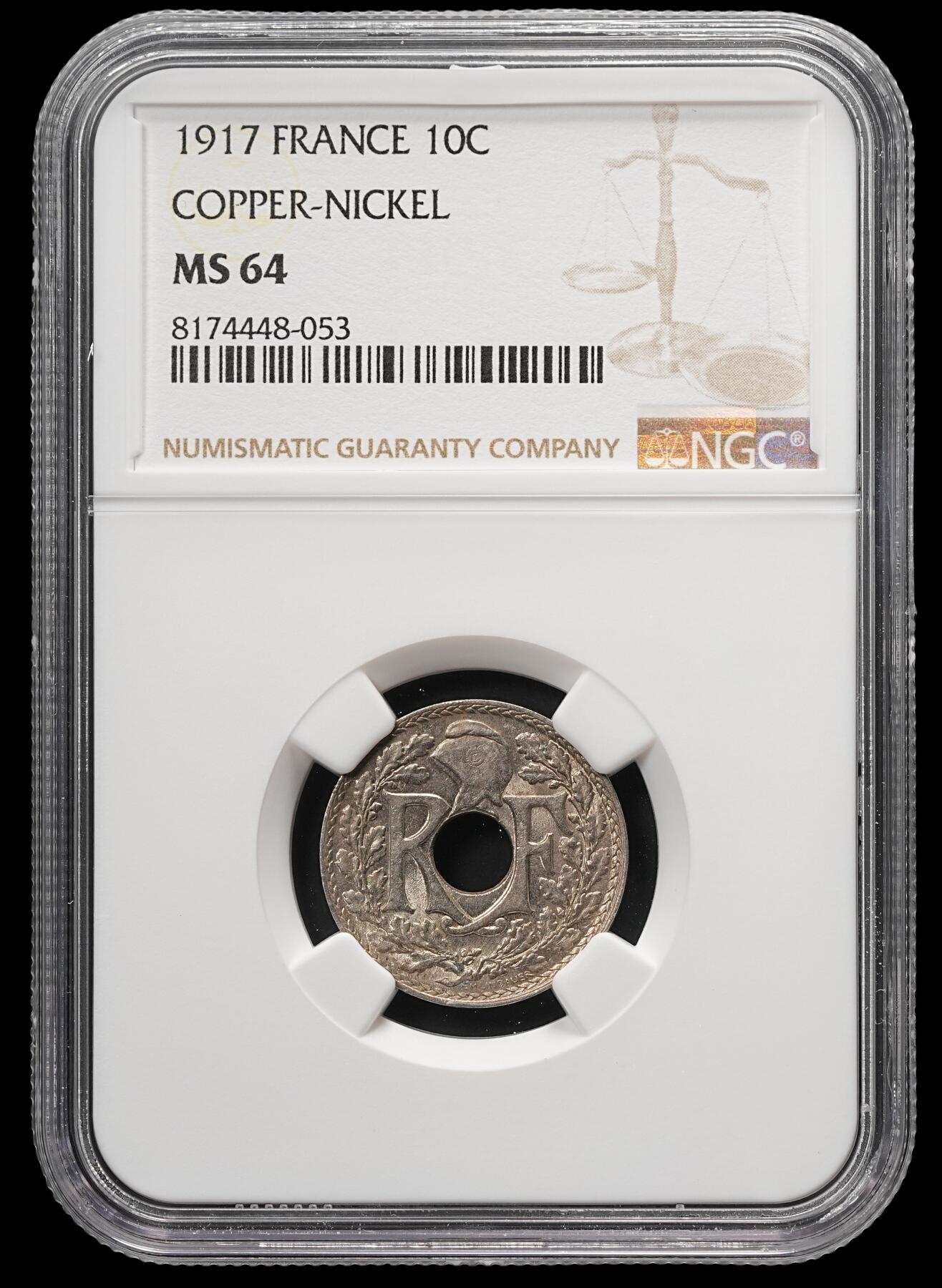 修遠堂世界钱币第四十九期 全场包邮 NGC MS64 1917年法国中孔10分 较少见的年份