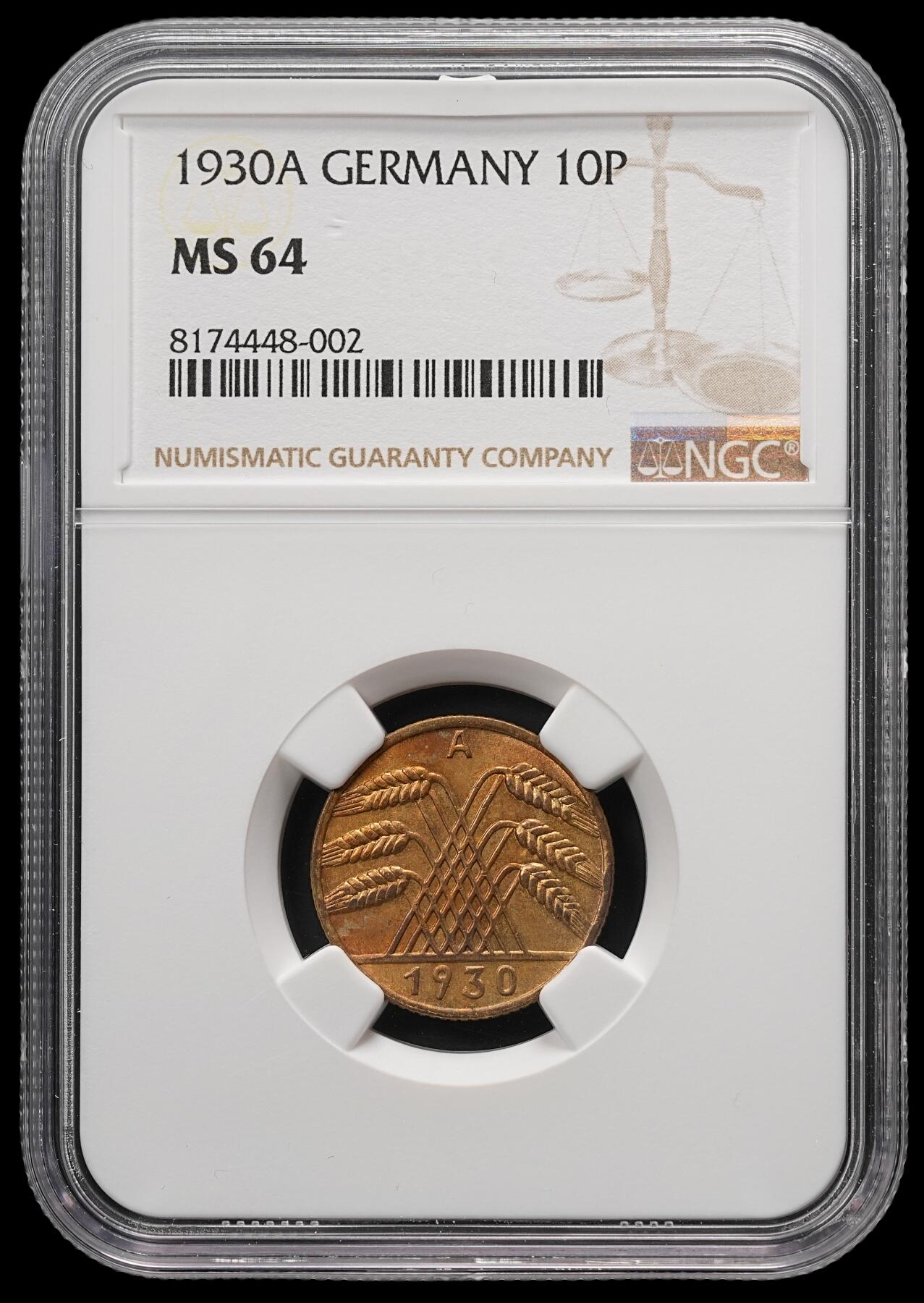 修遠堂世界钱币第四十九期 全场包邮 NGC MS64 1930年德国魏玛政府10芬尼 A厂铭