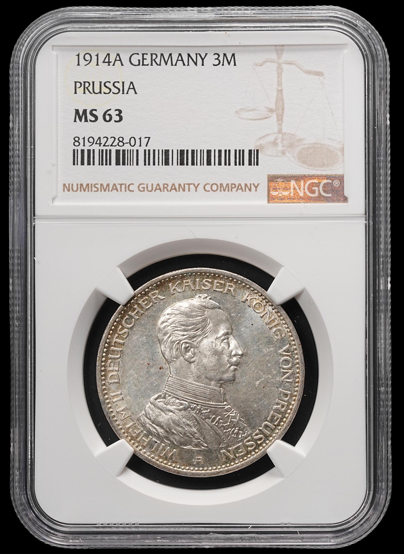 修遠堂世界钱币第四十九期 全场包邮 NGC MS63 1914年普鲁士威廉二世军装3马克银币 流通版马克MS少见