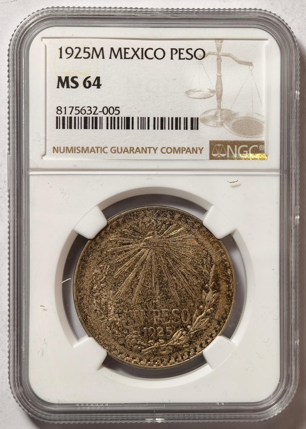 紫瑗钱币——第464期 墨西哥 1925年 M版 鹰洋 1比索 NGC MS64
