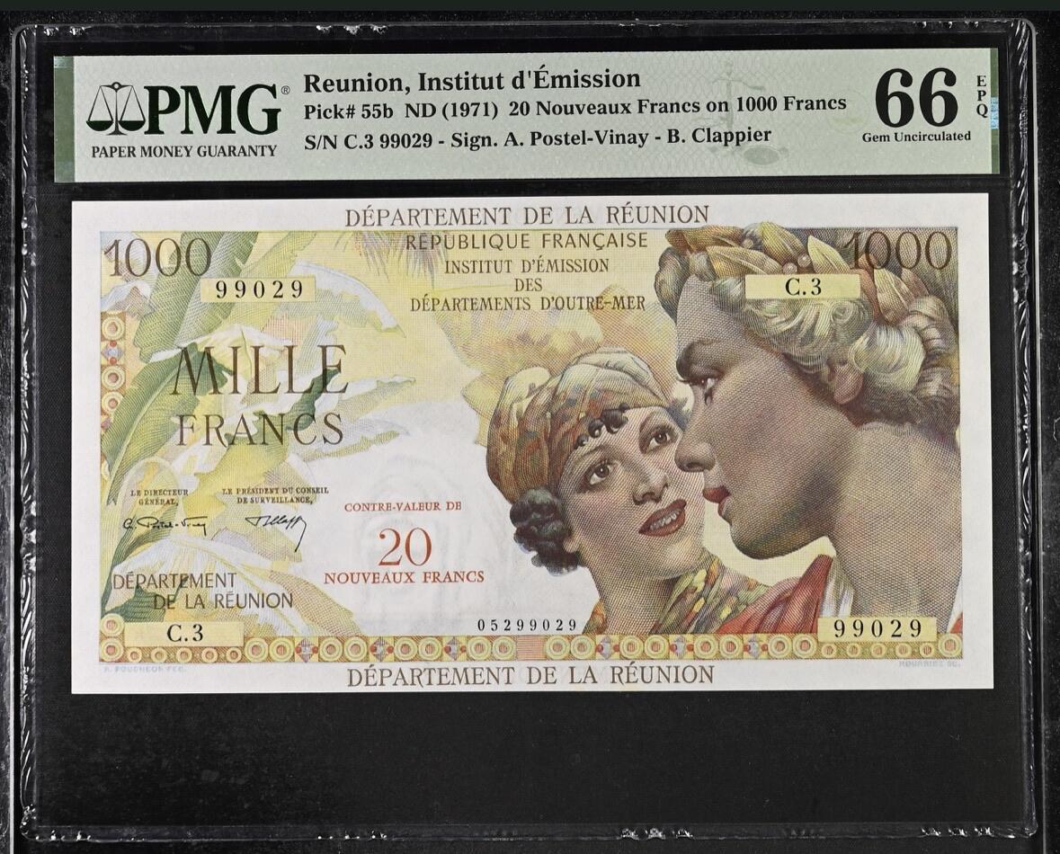 收藏联盟Quantum Auction 第395期拍卖  法属留尼旺1971年20新法郎 PMG66 号码无3457朦胧号