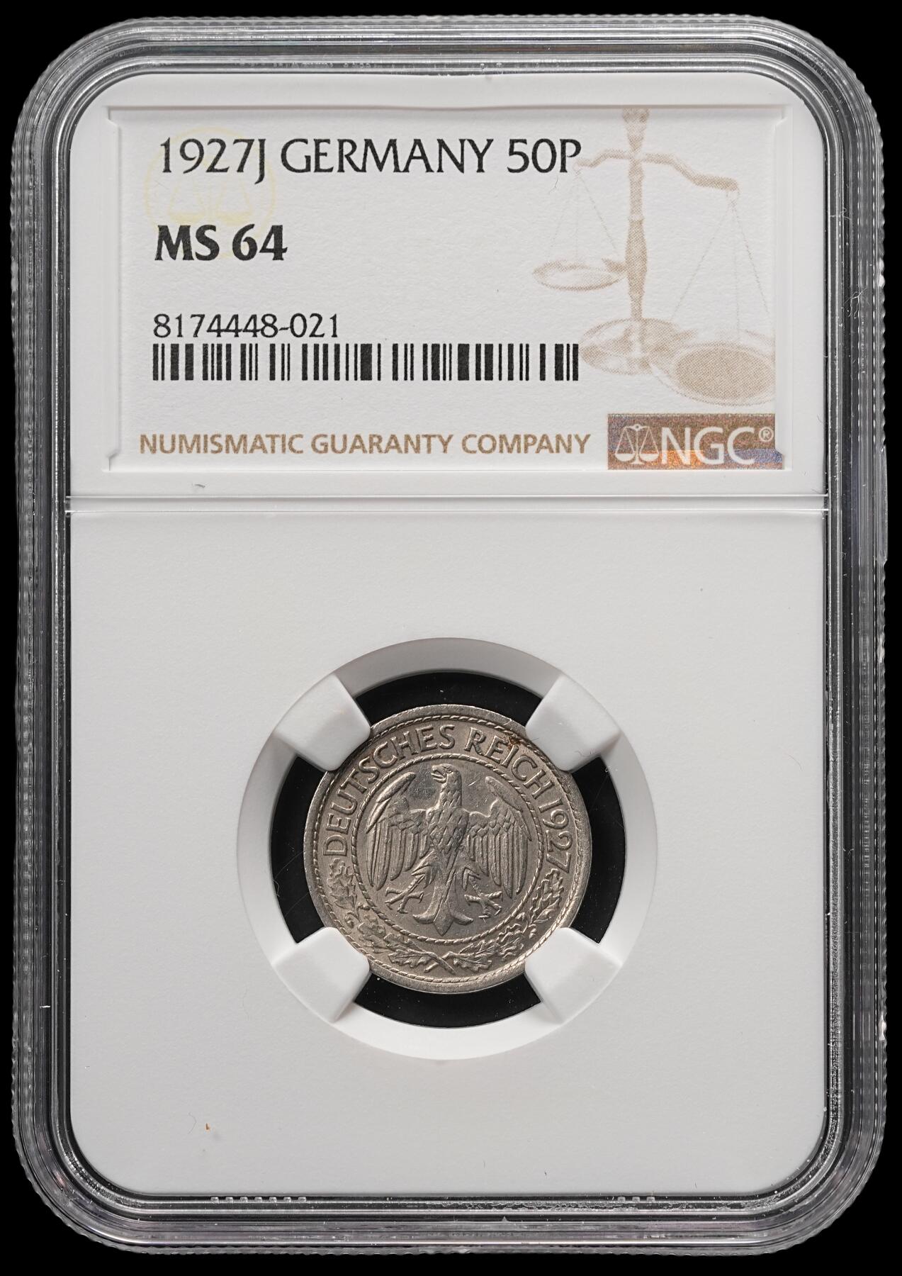 修遠堂世界钱币第四十九期 全场包邮 NGC MS64 1927年德国魏玛政府50芬尼 J厂铭 较少见的年份