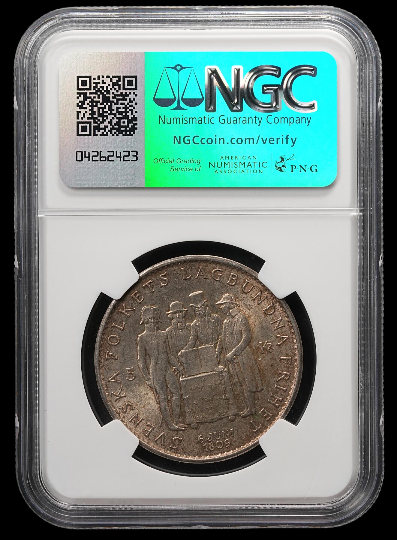 修遠堂世界钱币第四十九期 全场包邮 NGC MS65 1959年瑞典宪法150周年纪念5克朗银币