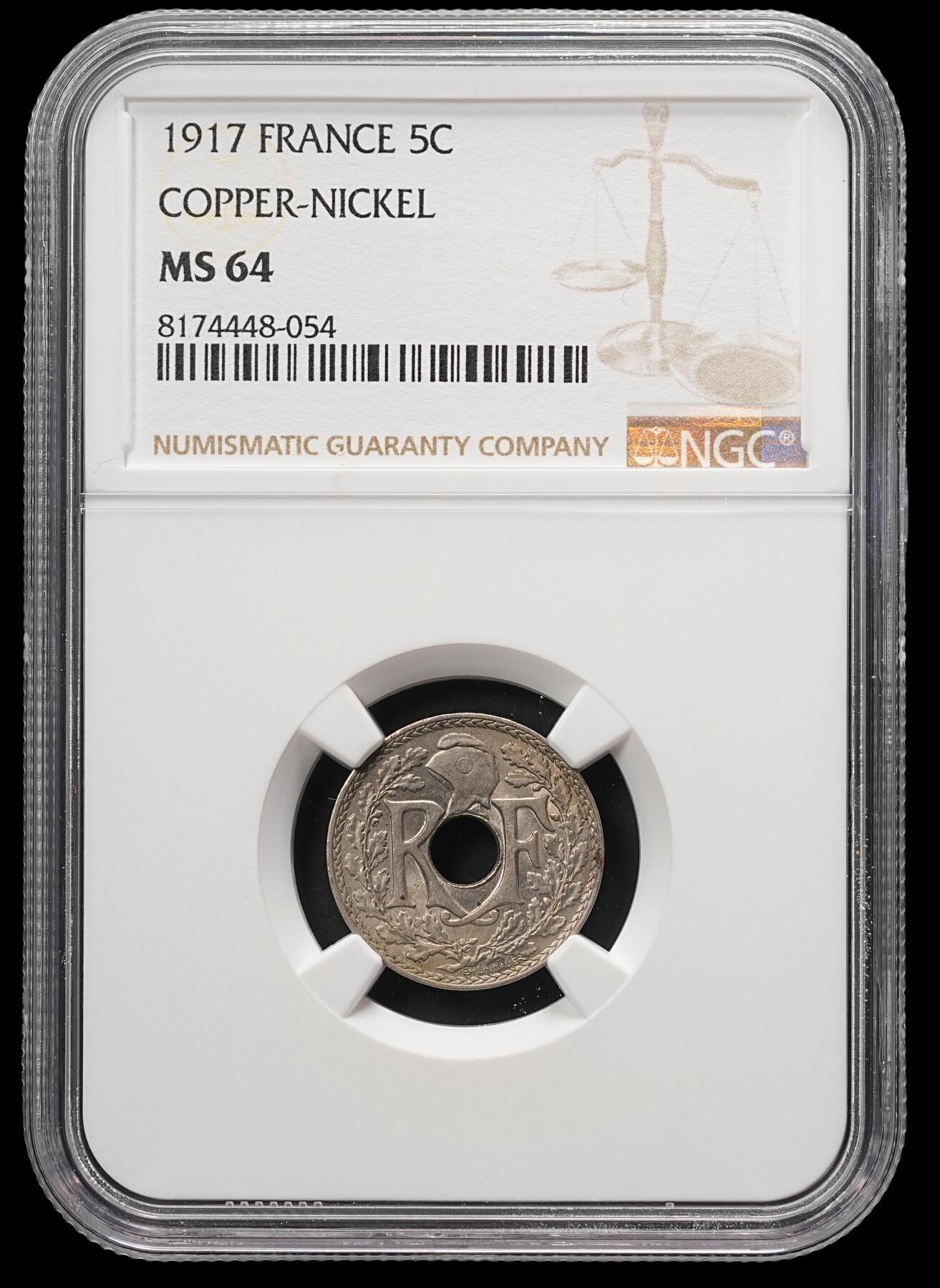 修遠堂世界钱币第四十九期 全场包邮 NGC MS64 1917年法国中孔5分 较少见的年份