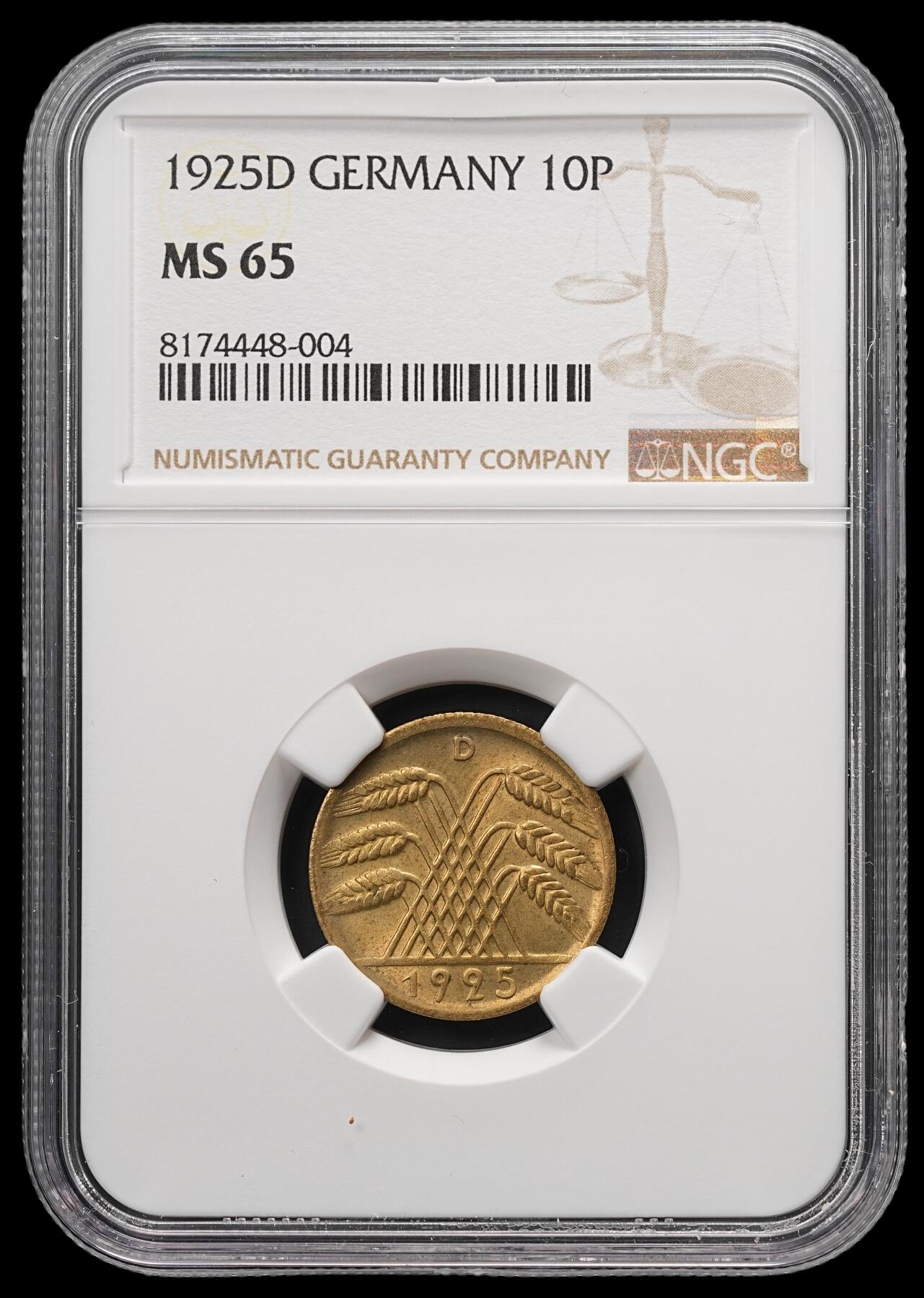 修遠堂世界钱币第四十九期 全场包邮 NGC MS65 1925年德国魏玛政府10芬尼 D厂铭