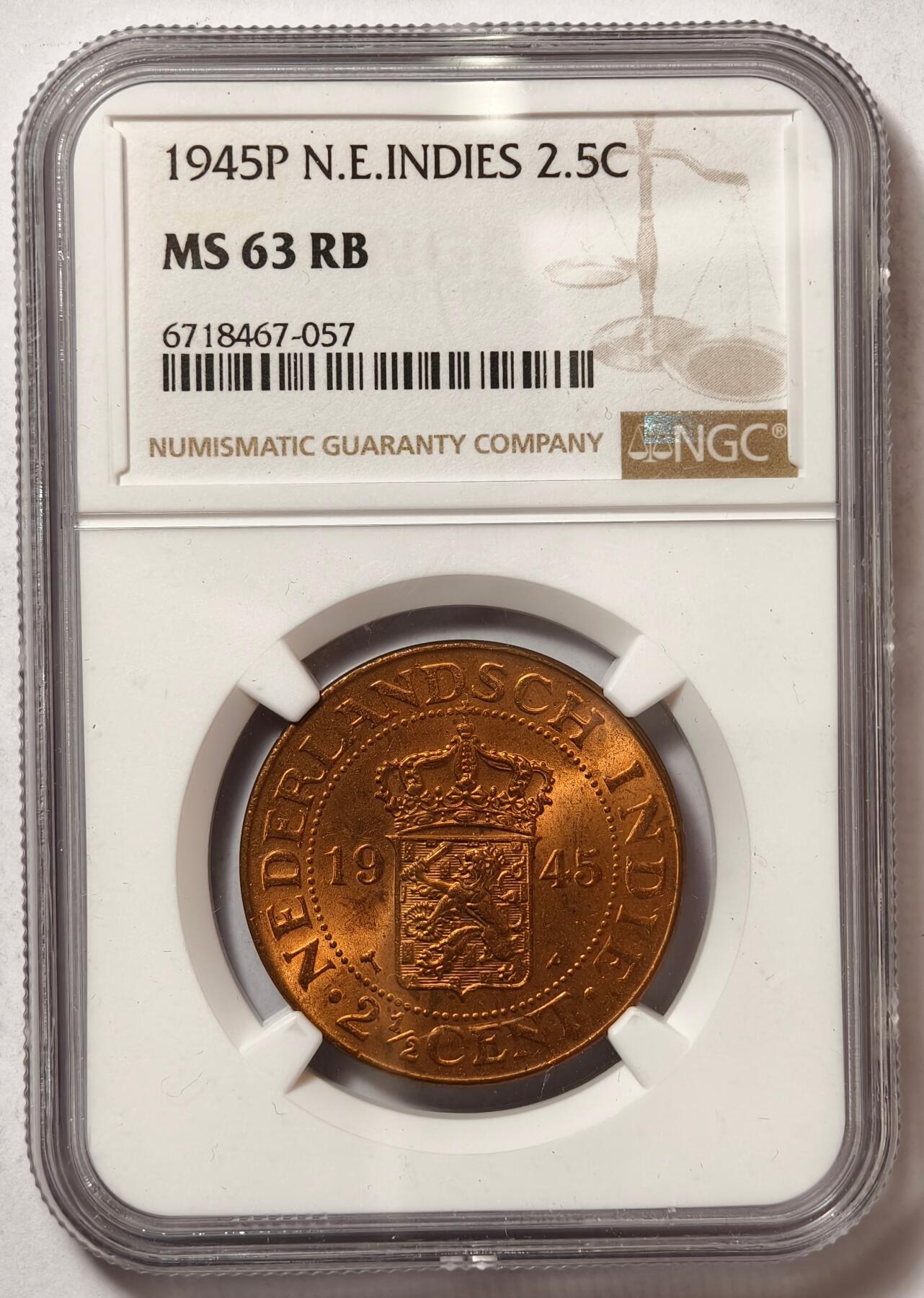 紫瑗钱币——第466期 荷属东印度 1945年 P版 2.5分 铜币 NGC MS63 RB