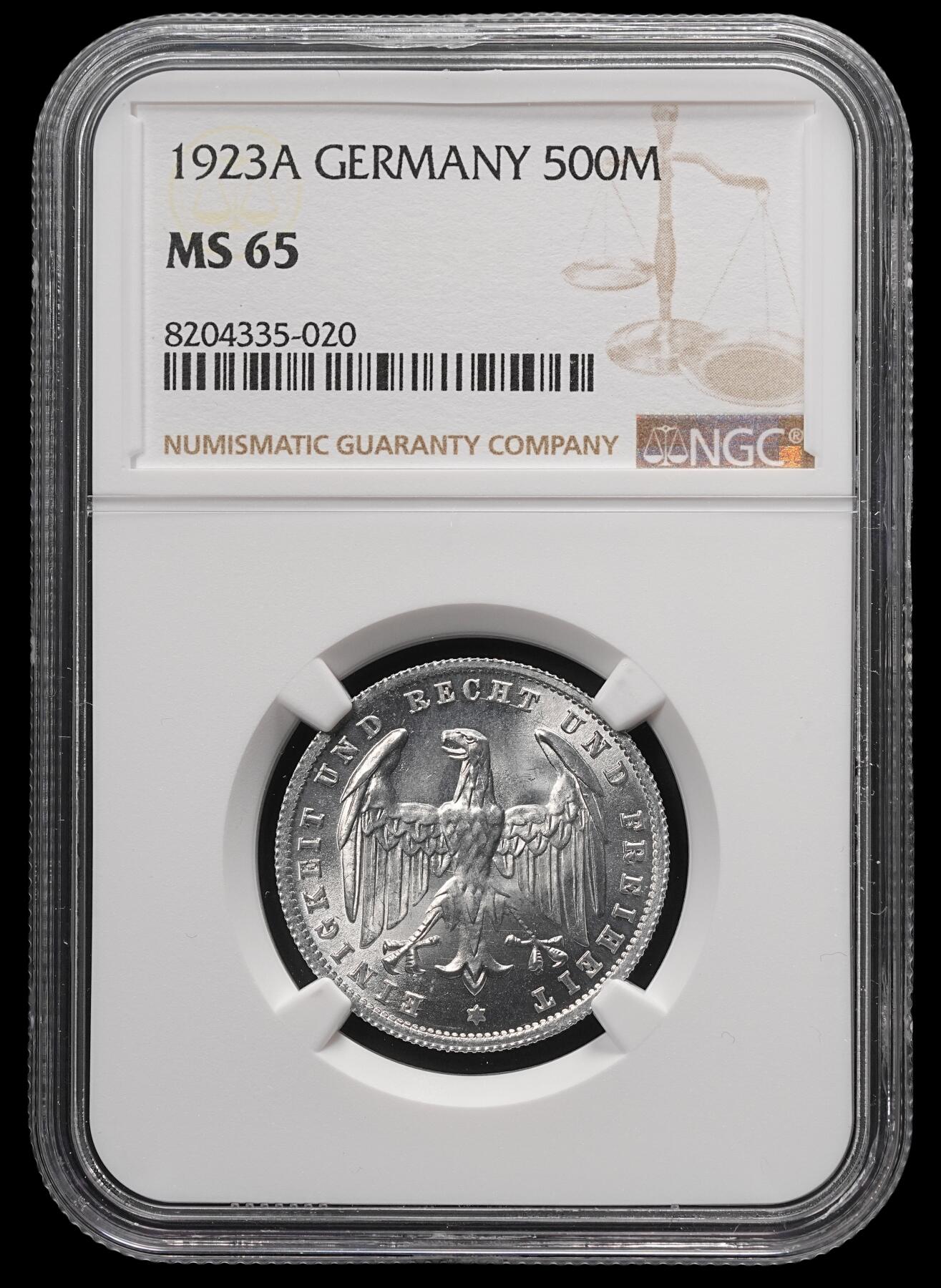 修遠堂世界钱币第四十九期 全场包邮 NGC MS65 1923年魏玛政府500马克