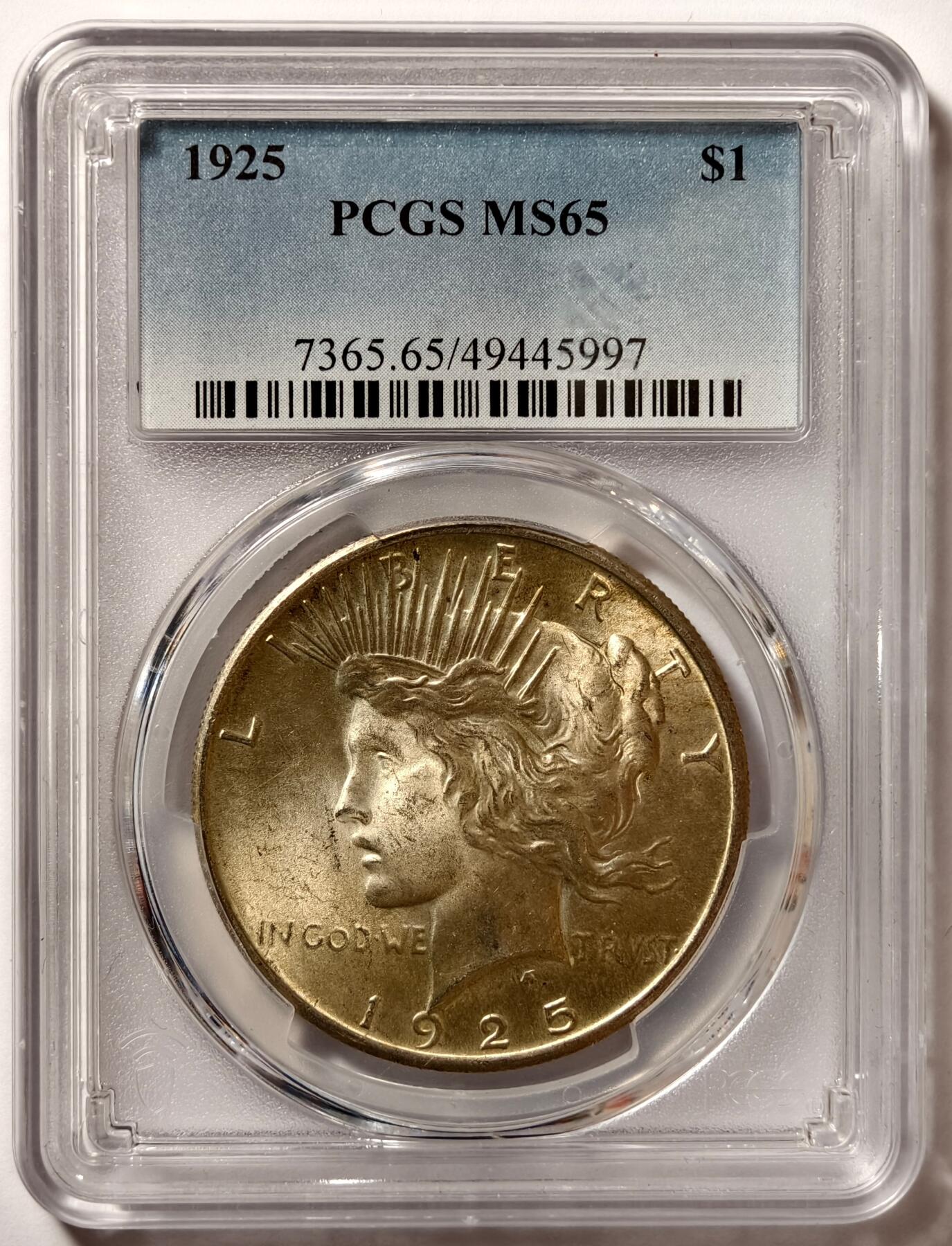 紫瑗钱币——第462期  美国 1925年 和平鸽 1元 银币 PCGS MS65  65难度比摩根高