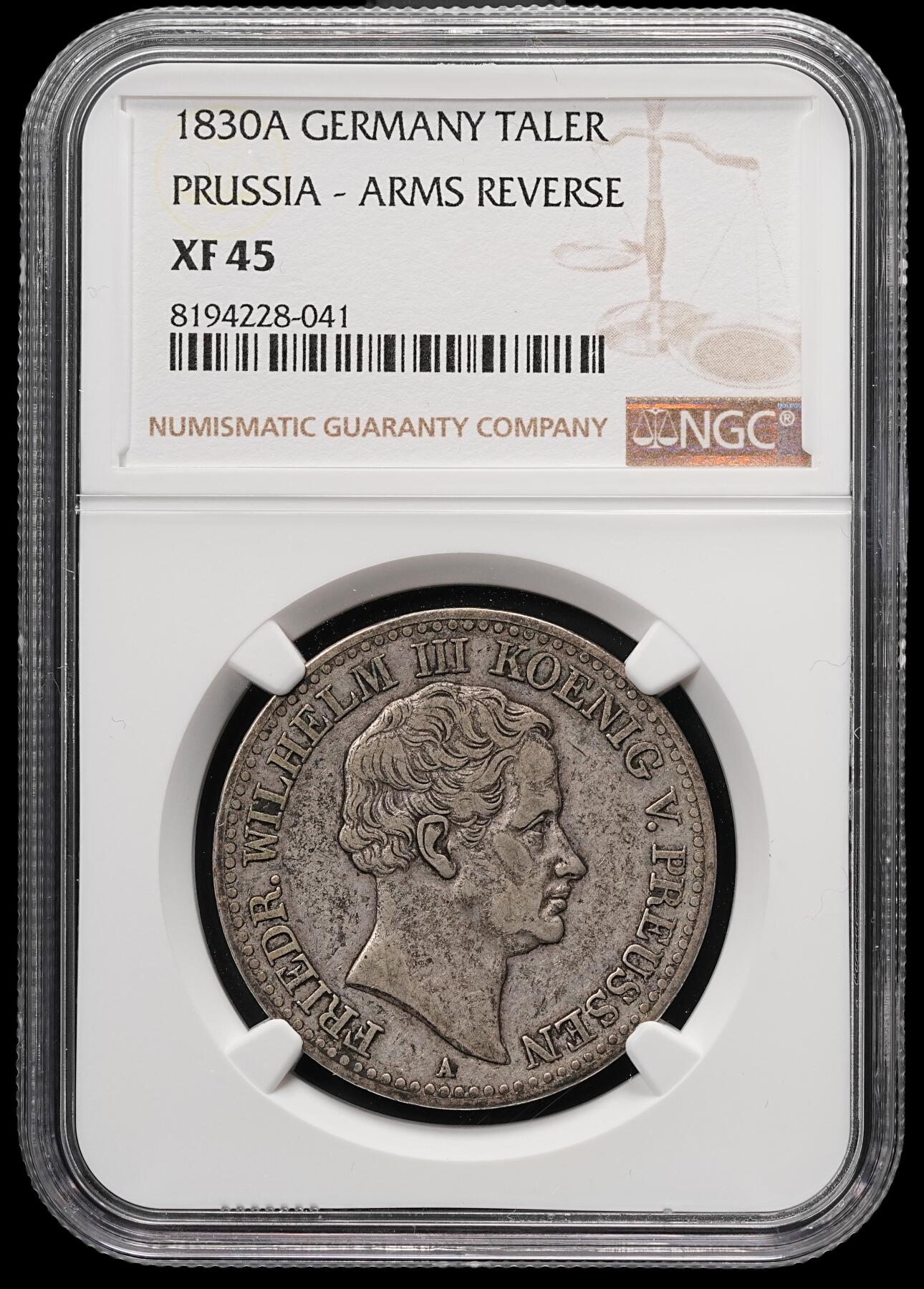 修遠堂世界钱币第四十九期 全场包邮 NGC XF45 1830年普鲁士-弗里德里希·威廉三世1泰勒银币