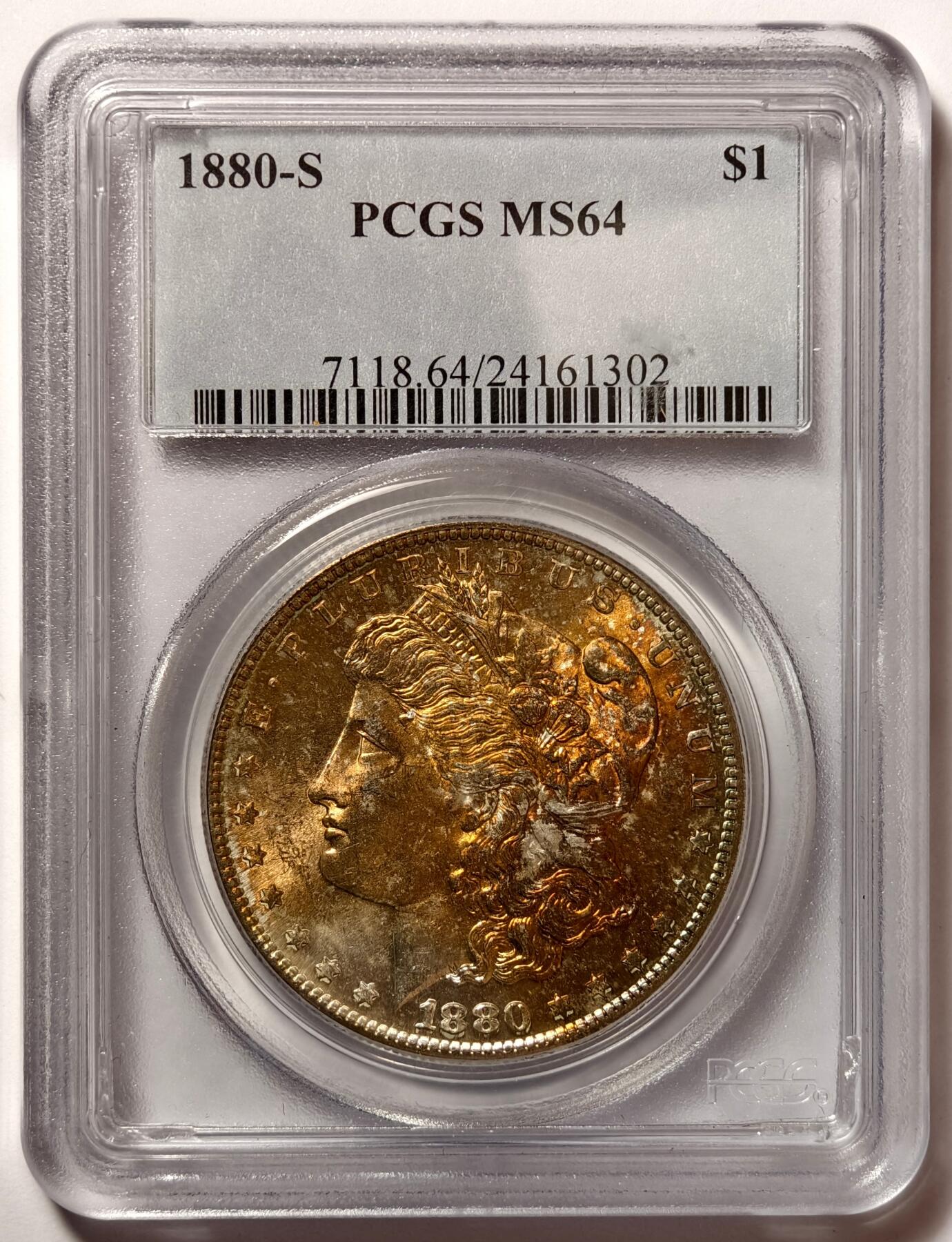 紫瑗钱币——第460期 美国 1880年 S版 摩根 大头妹 1美元 银币 PCGS MS64 五彩包浆
