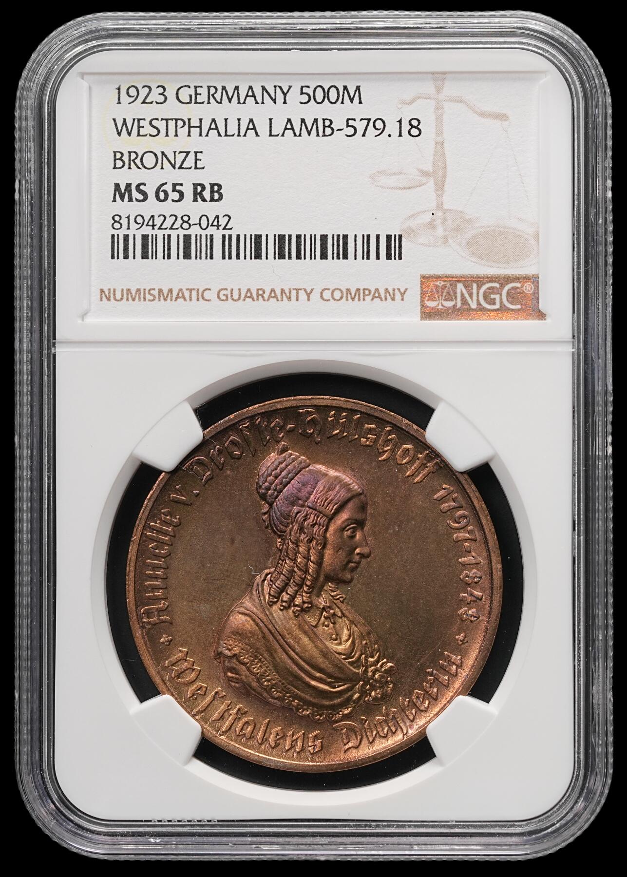 修遠堂世界钱币第四十九期 全场包邮 NGC MS65RB 1923年德国紧急时期威斯特法伦500马克大马币 少见女人头