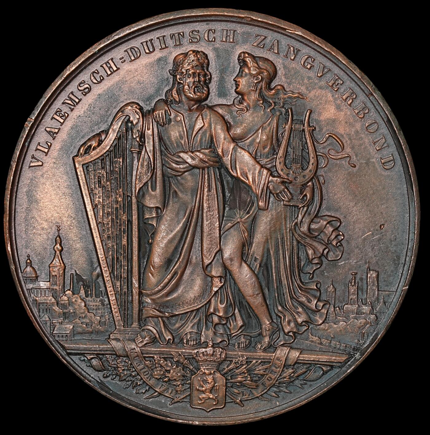 修遠堂世界钱币第四十九期 全场包邮 1847年（DATED）比利时德语歌唱协会大铜章 61mm，96g