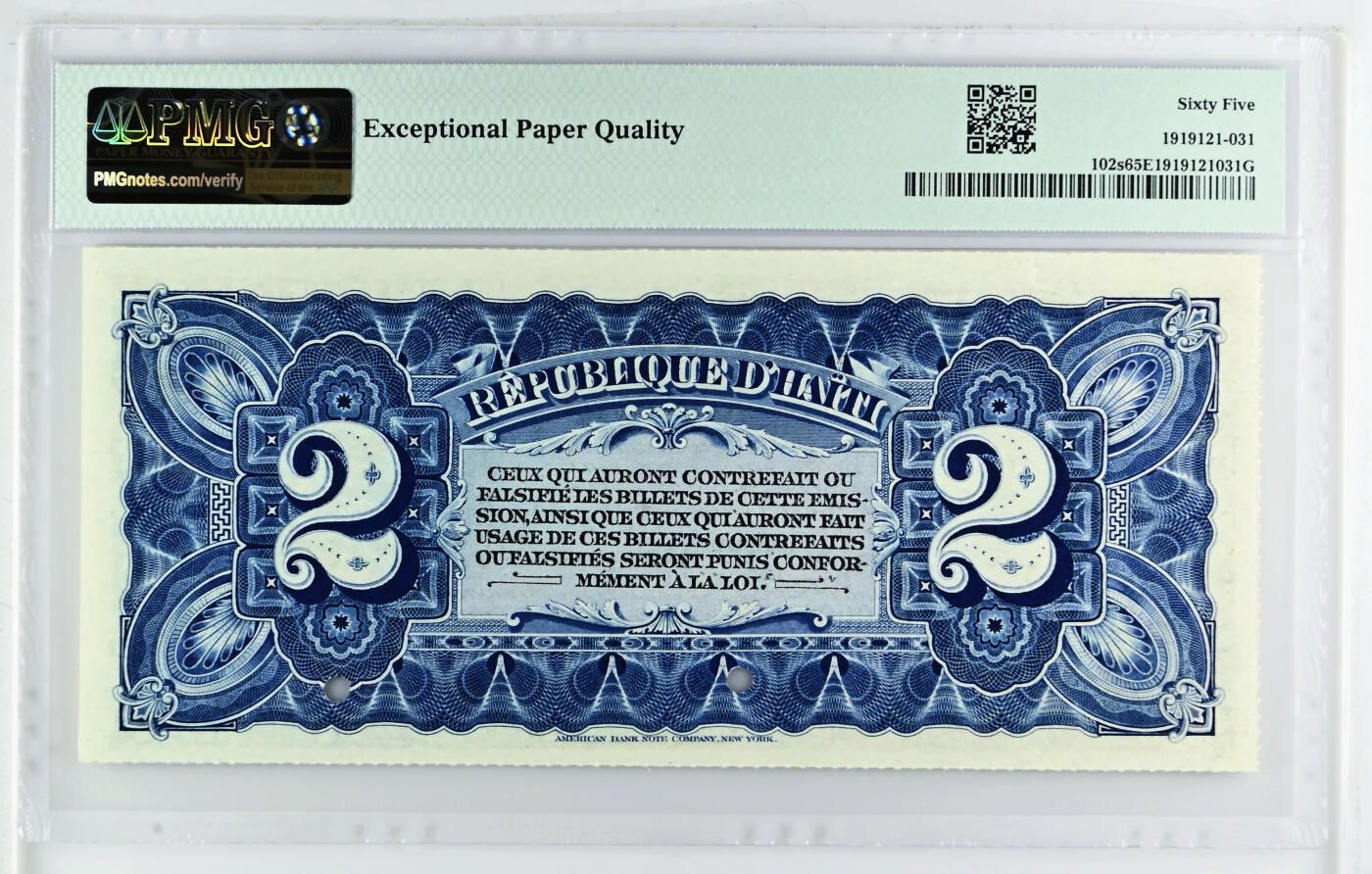 【Blue Auction】✨世界纸币精拍第588期【精】 【唯一冠军分 非常罕见】海地 1892年2古德 PMG65EPQ 绝品 样钞 开国元勋让·雅克·德萨林（1804年，德萨林宣读独立宣言，海地宣布独立，成为世界上第一个由奴隶起义而建立的国家）ABNC出品 雕刻精美 （多年前64无E拍了1116美金 而后市面上几乎见不到）   
