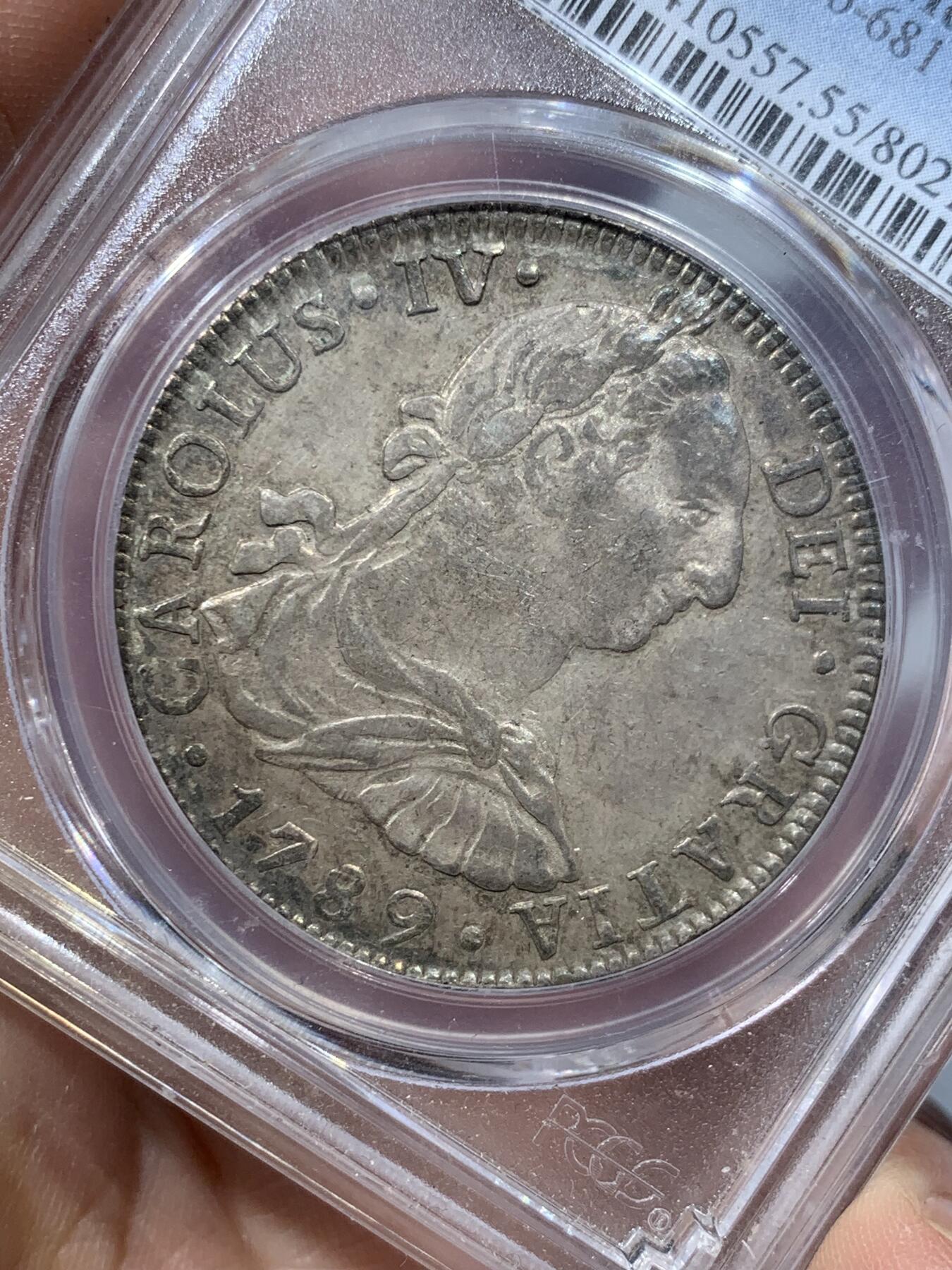 《竞宝斋》第333场 周日，周一 2场连拍 （全场包邮） PCGS-AU55 墨西哥1789年卡洛斯四世8R双柱银币 过渡版稀少品种 深色包浆 人像徽章打制精美