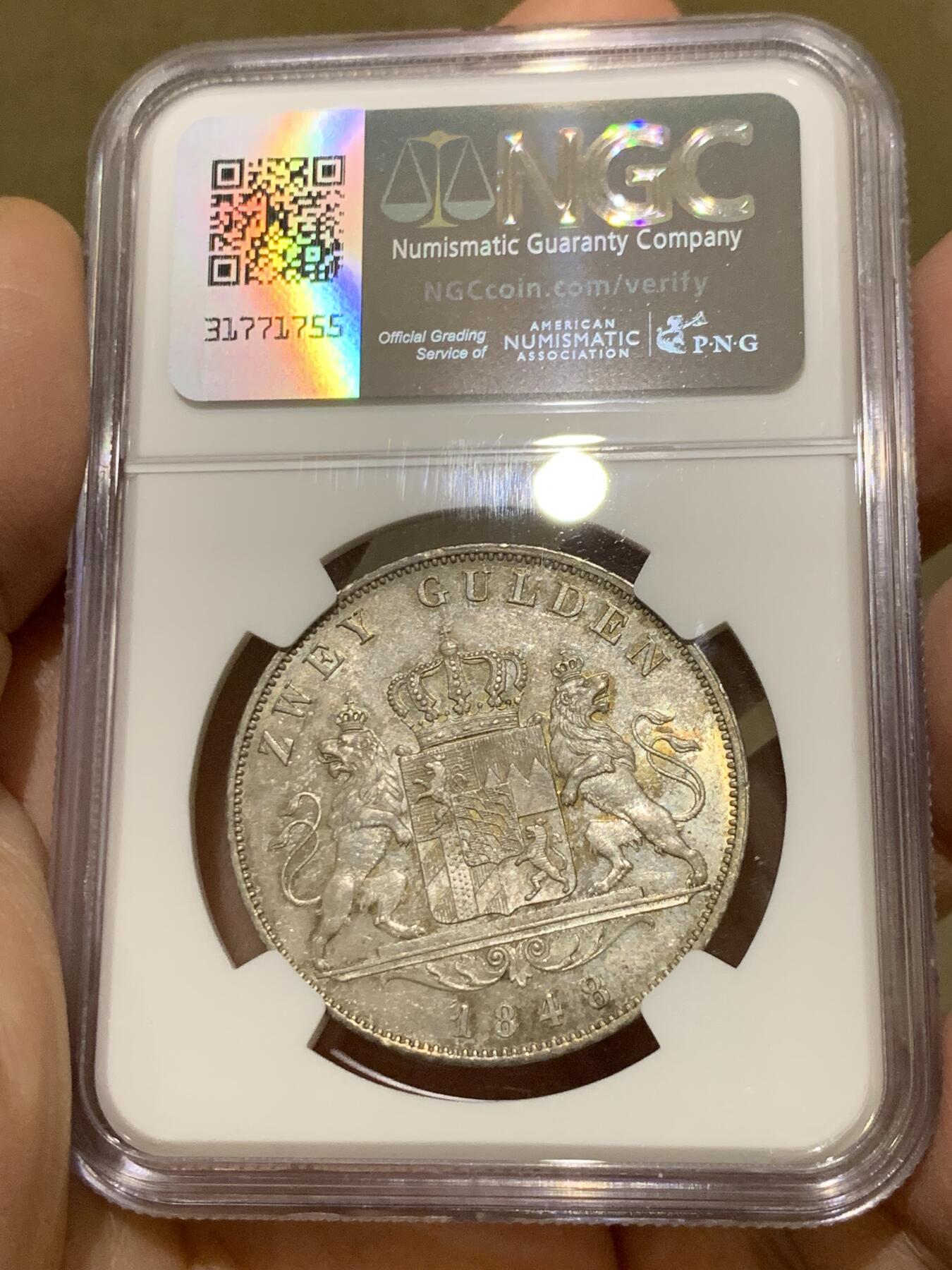 《竞宝斋》第333场 周日，周一 2场连拍 （全场包邮） 亚军分 NGC MS64 德国 1848年 巴伐利亚 马克西米利安二世 双狮盾徽2古尔登大银币 炫光可藏