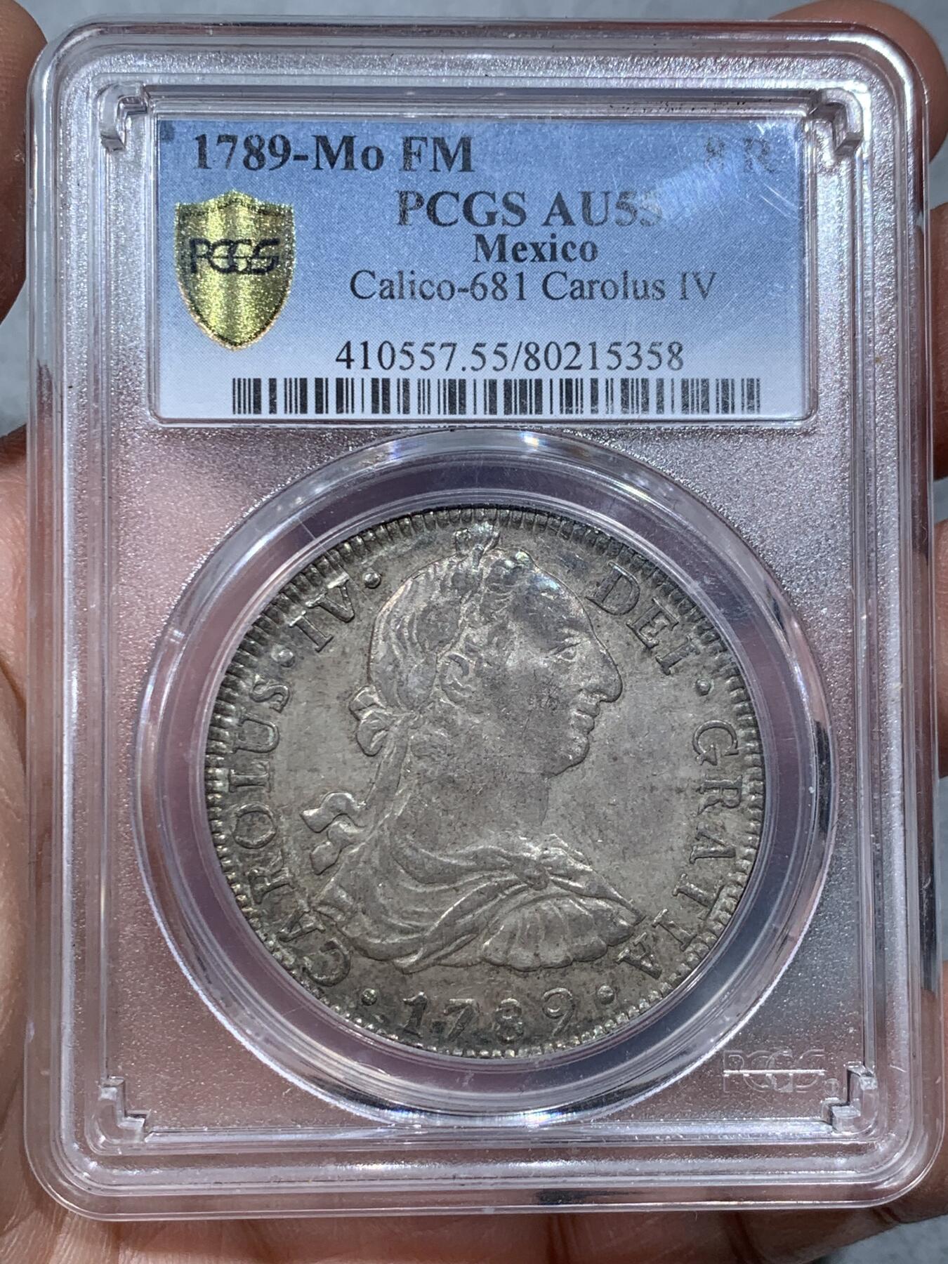 《竞宝斋》第333场 周日，周一 2场连拍 （全场包邮） PCGS-AU55 墨西哥1789年卡洛斯四世8R双柱银币 过渡版稀少品种 深色包浆 人像徽章打制精美