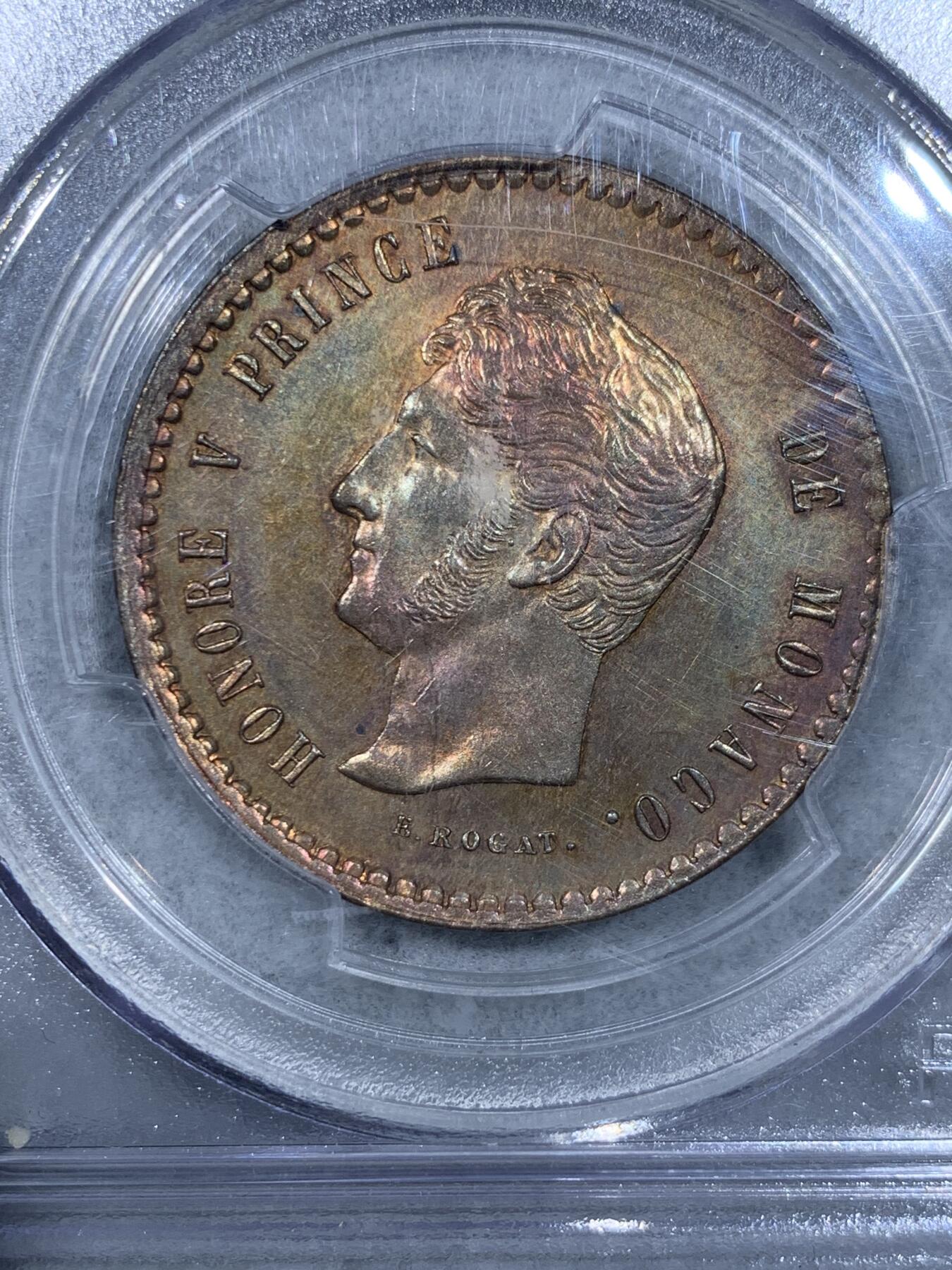 《竞宝斋》第333场 周日，周一 2场连拍 （全场包邮） PCGS SP63BN 摩纳哥1838年5分铜样币，铜彩绚烂，SP镜面工艺。早期摩纳哥样币，工艺精湛。10年前的SBP拍卖同分就以258美元成交。稀见品种，国内难得一遇