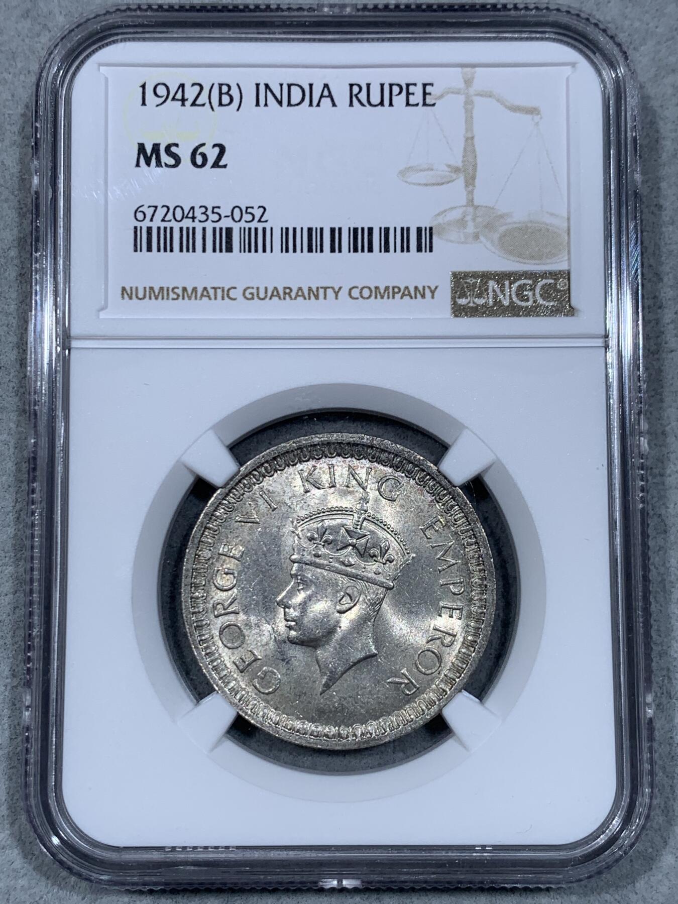 《竞宝斋》第333场 周日，周一 2场连拍 （全场包邮） NGC MS62 英属印度1942年B版乔治六世1卢比银币 原光卷拆转光品相
