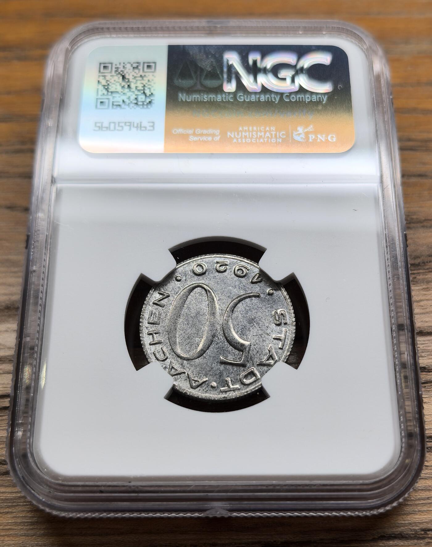 凡希社世界钱币微拍第二百九十二期 1920德紧亚琛老鹰头50芬尼NGC-MS65，N冠军分，稀有背逆！