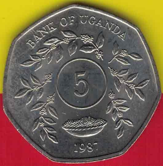 乌干达1987年5先令 不锈钢 非洲 实物图 UNC-