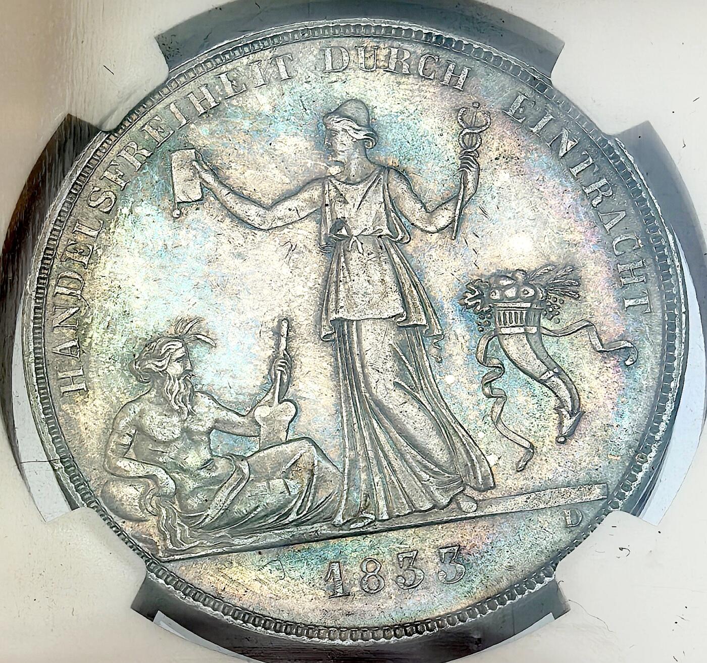 凡希社世界钱币微拍第二百九十二期 荐！1833德国符腾堡德意志关税同盟纪念泰勒大银NGC-MS63，水粉画般的淡彩颇为迷人，相当稀少的关税同盟品种。(视频参考)