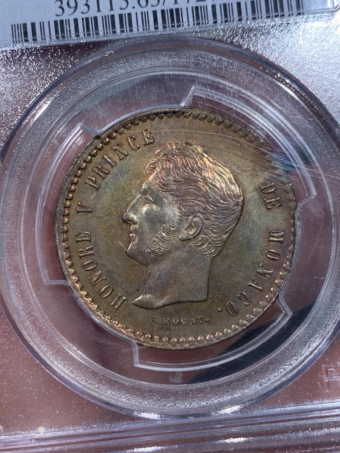 《竞宝斋》第333场 周日，周一 2场连拍 （全场包邮） PCGS SP63BN 摩纳哥1838年5分铜样币，铜彩绚烂，SP镜面工艺。早期摩纳哥样币，工艺精湛。10年前的SBP拍卖同分就以258美元成交。稀见品种，国内难得一遇