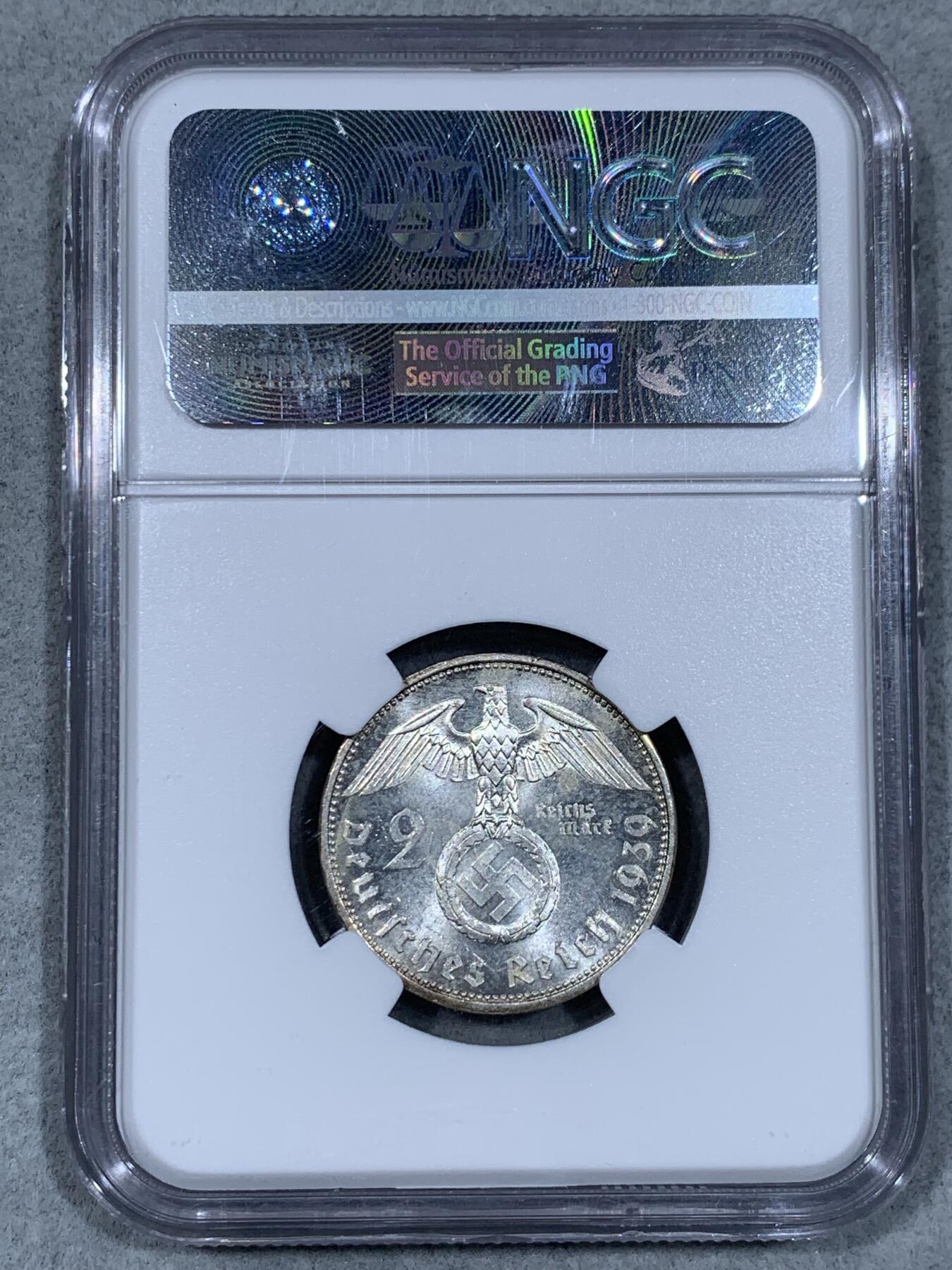 《竞宝斋》第333场 周日，周一 2场连拍 （全场包邮） NGC MS63 德国1939年A版兴登堡2马克银币