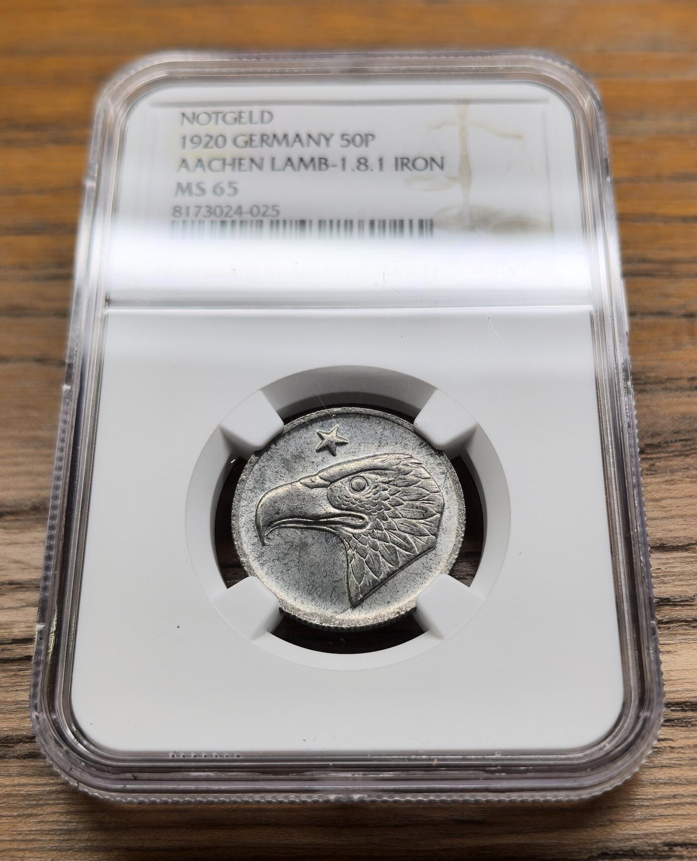 凡希社世界钱币微拍第二百九十二期 1920德紧亚琛老鹰头50芬尼NGC-MS65，N冠军分，稀有背逆！