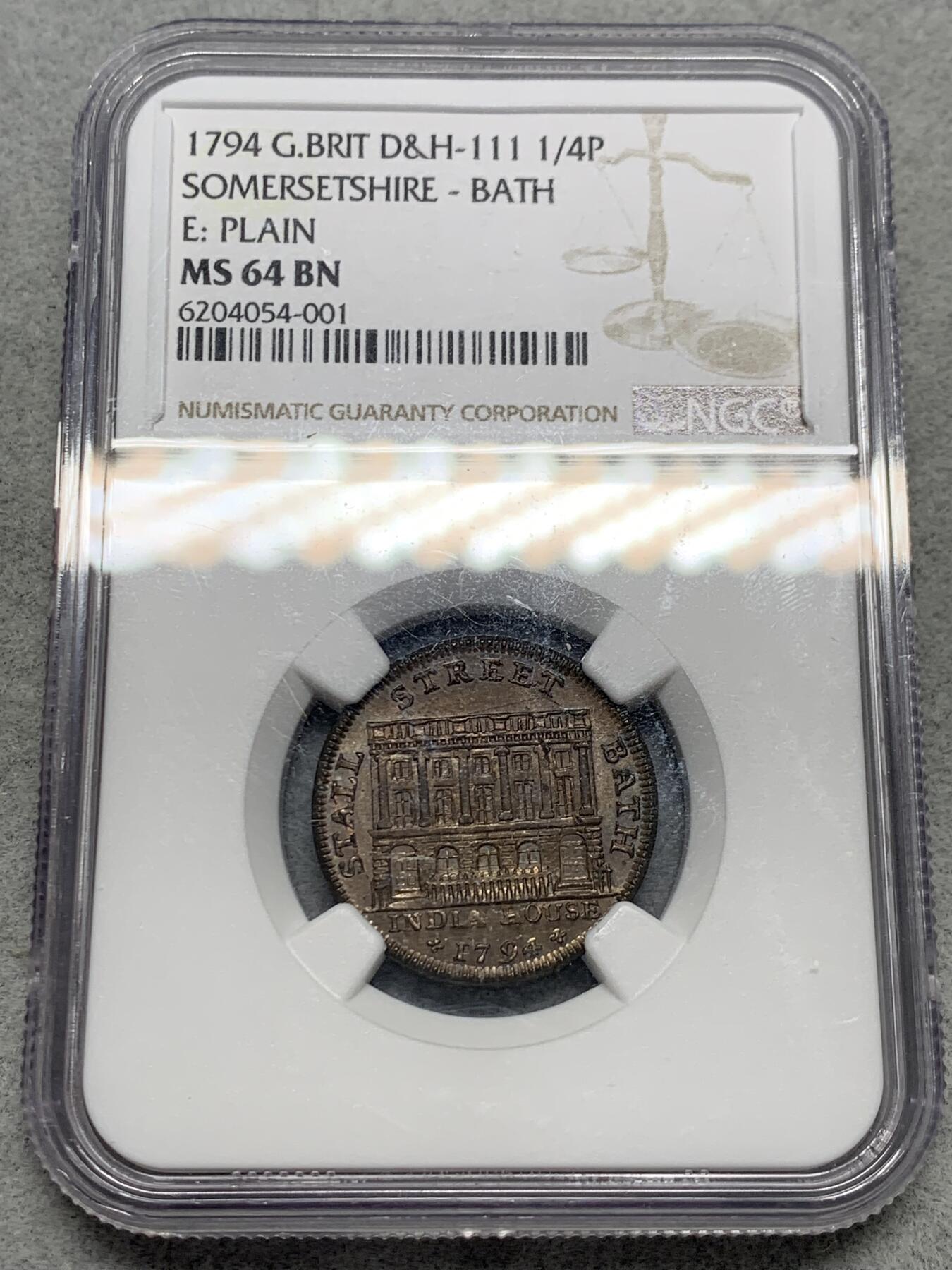 《竞宝斋》第333场 周日，周一 2场连拍 （全场包邮） NGC MS64BN 英国1794年萨默塞特郡1/4便士代币，带中国汉字元合