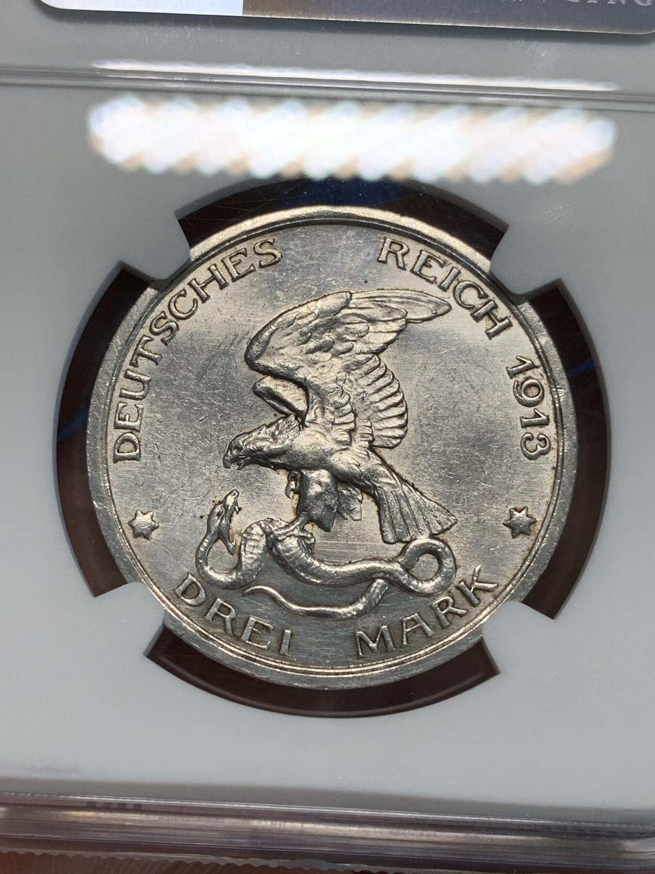 《竞宝斋》第333场 周日，周一 2场连拍 （全场包邮） NGC UNCD 德国1913A普鲁士战胜拿破仑3马克银币
